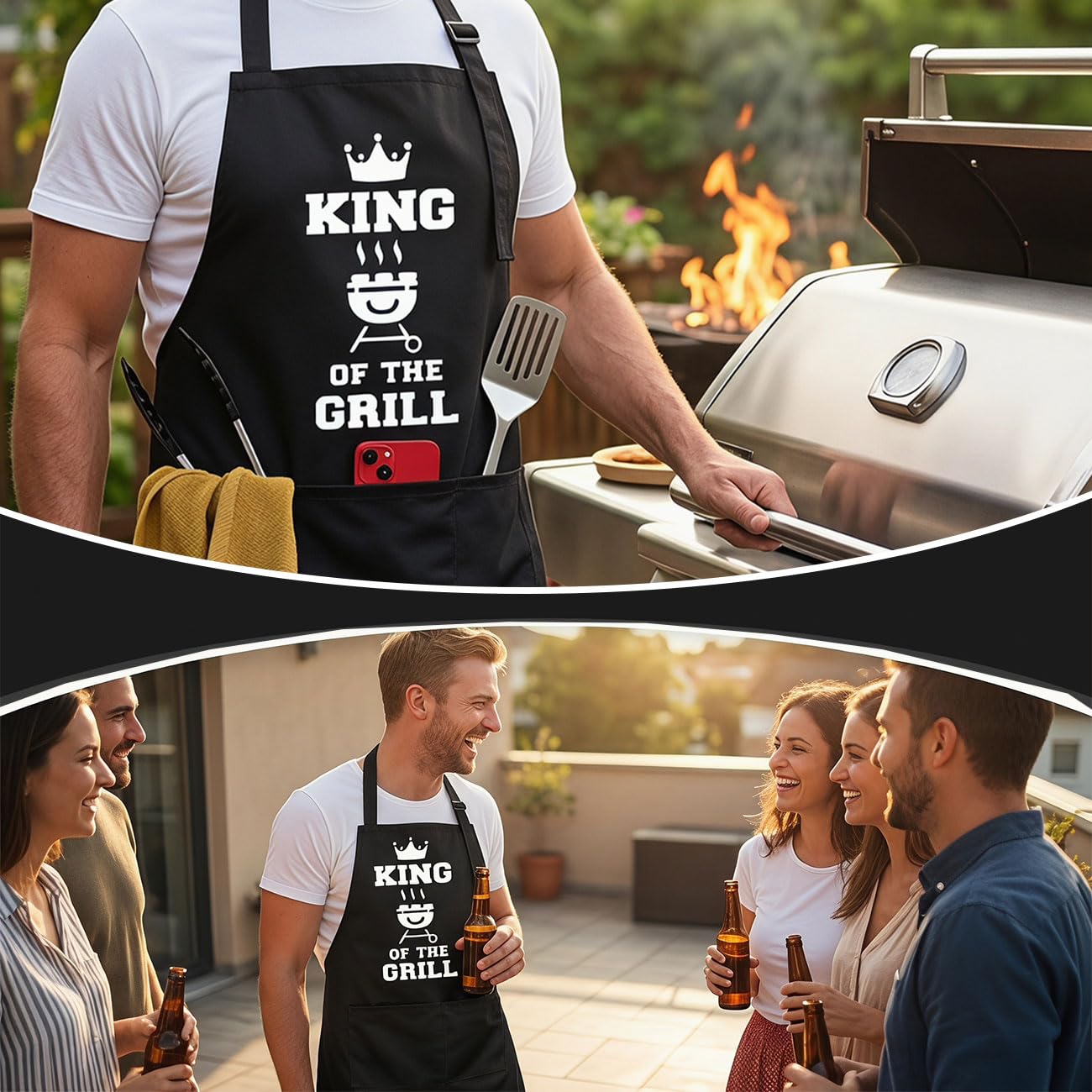 Fartuch do grillowania dla mężczyzn z napisem „King Of The Grill” – wodoodporny fartuch kuchenny z trzema pojemnymi kieszeniami, dla kobiet i mężczyzn, do grillowania i gotowania, czarny