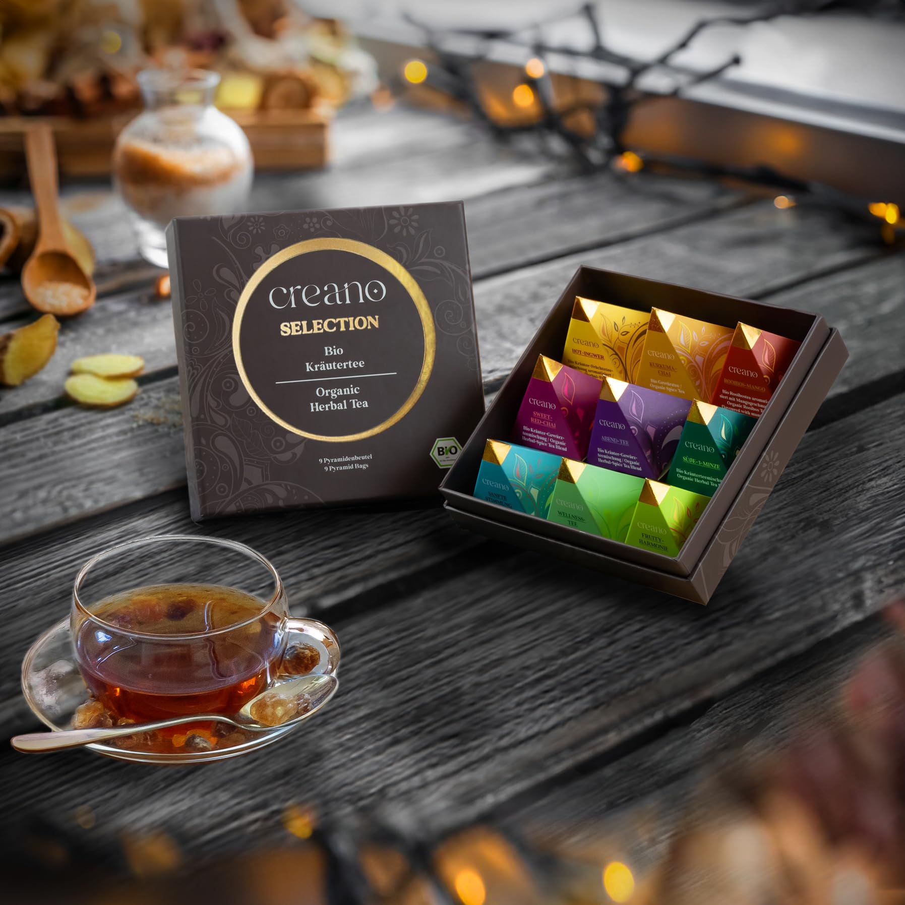 Creano Set de Regalo de Té Bio Orgánico Infusión de Hierbas 9 Bolsitas Piramidales 9 Variedades Sin Cafeína