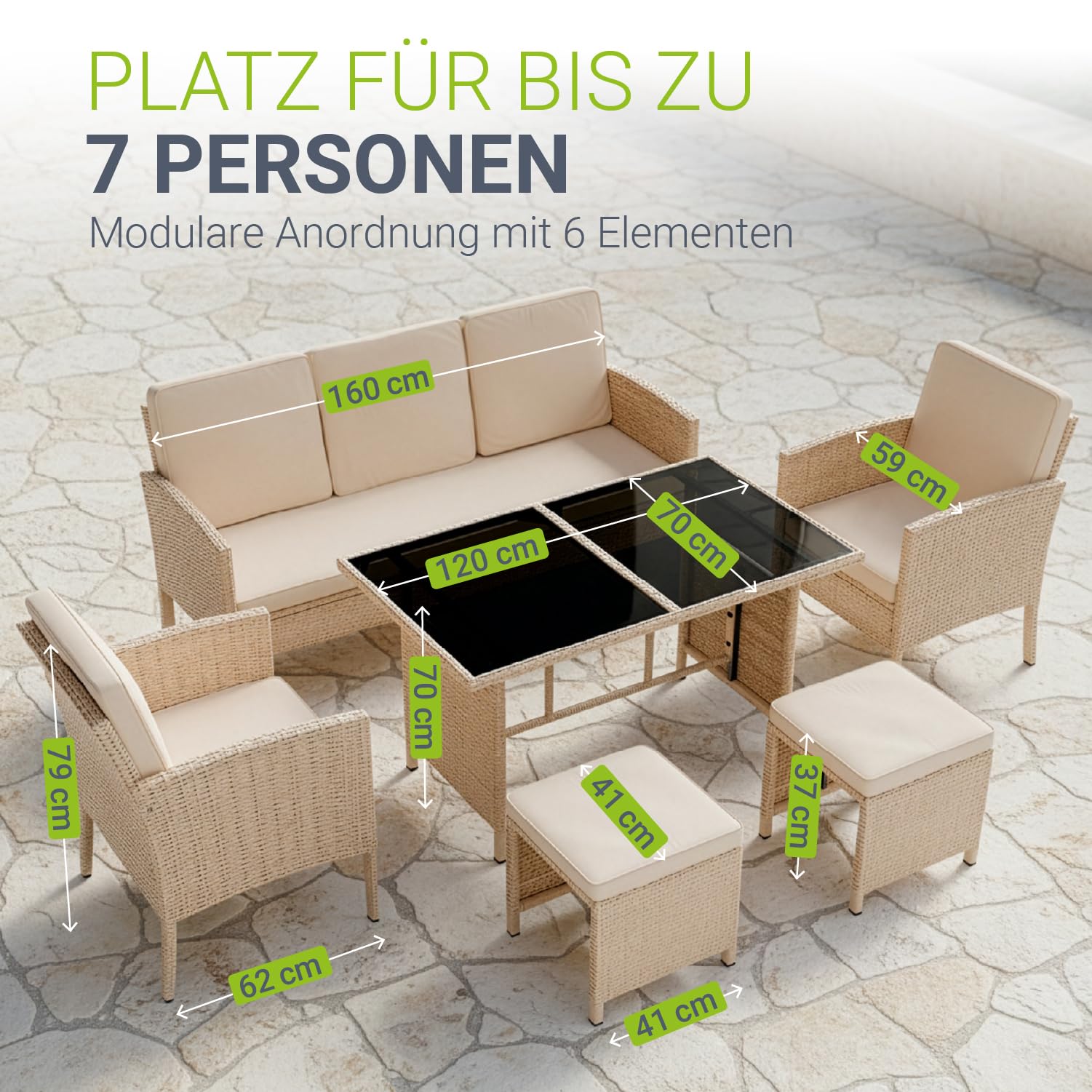 Juskys Salotto da Giardino Rattan Torino Set 6 pezzi 7 persone Crema