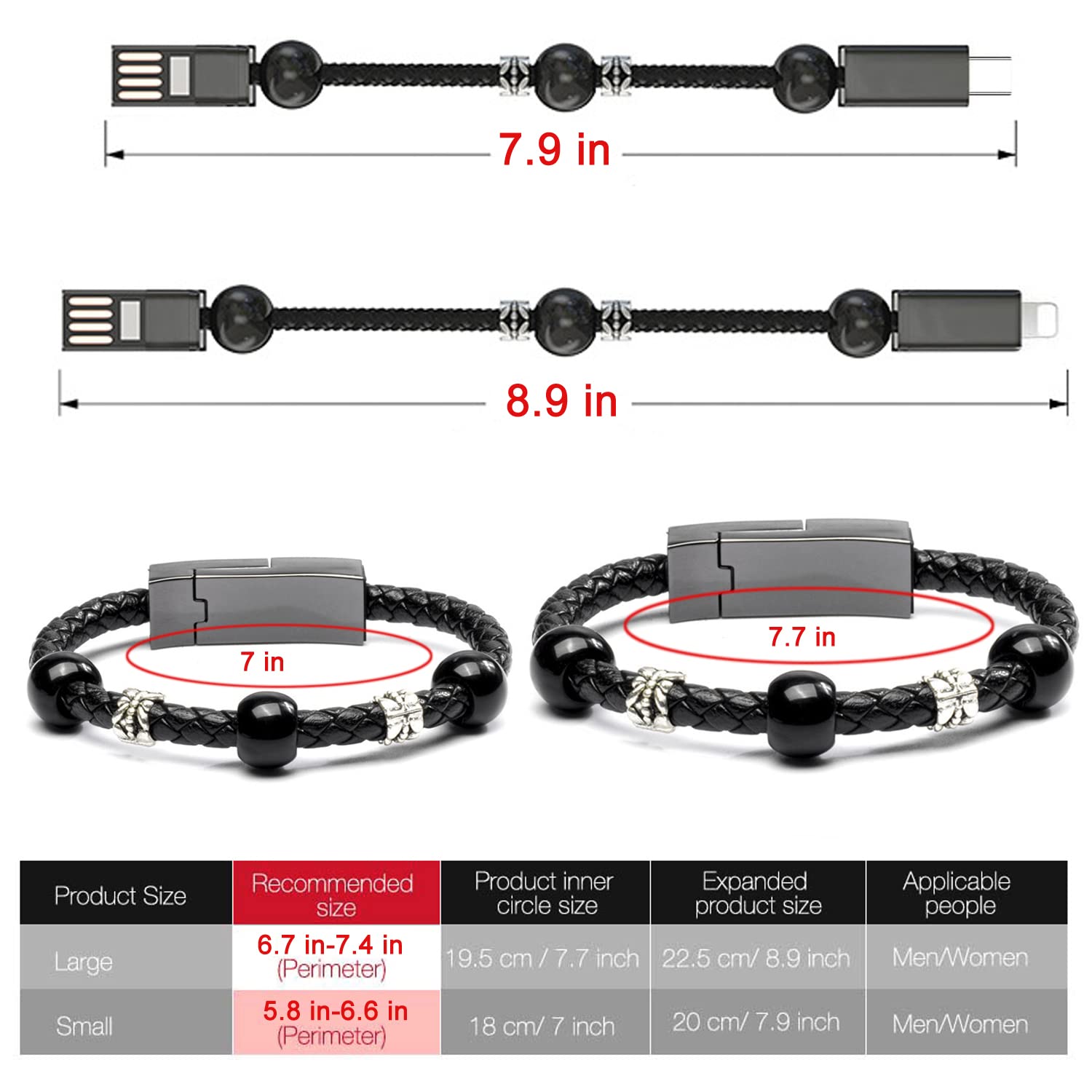 Portable Travel Type C Charging Cable Convenient & Stylish Short Bracelet Charger Braided Leather Wrist 7.9in Emergency Backup Cable for Huawei Samsung LG Android