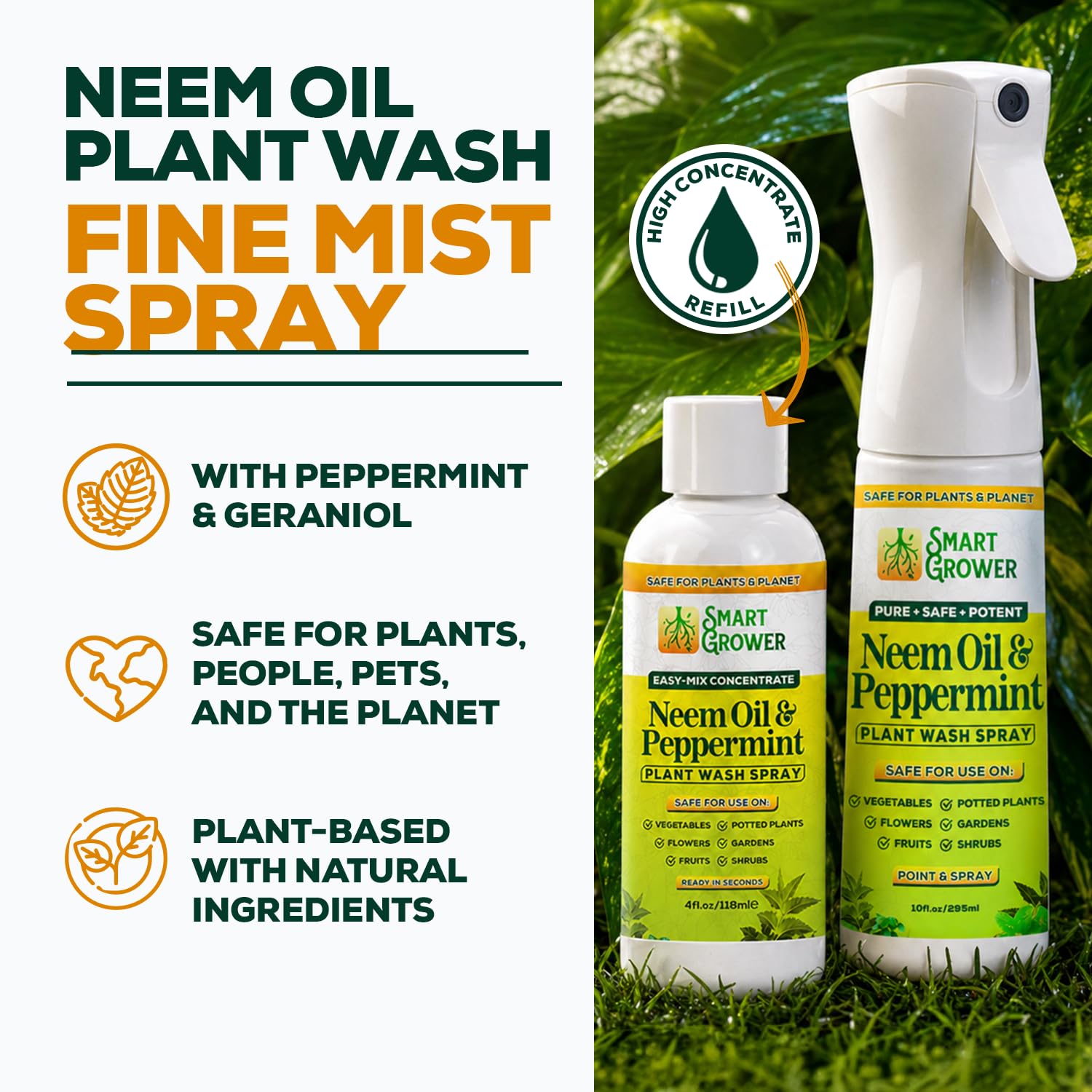 Spray de aceite de neem para plantas con aceite de menta, paquete combo recargable de niebla fina de 283,5 g + relleno concentrado de 113,4 g - Hecho 6 botellas, lavado natural para plantas