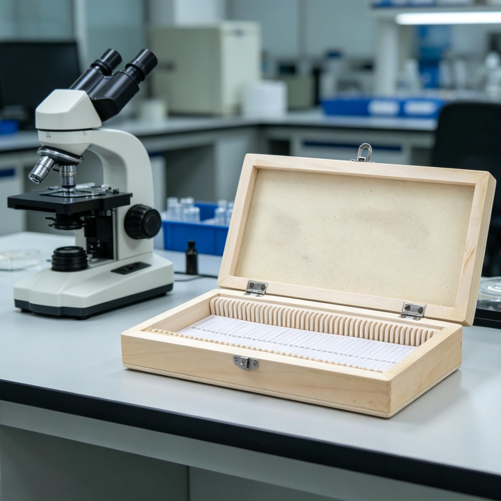 Coffret en Bois pour Lames de Microscope 50 Diapositives Boîte de Rangement 23x10,6x3,5cm