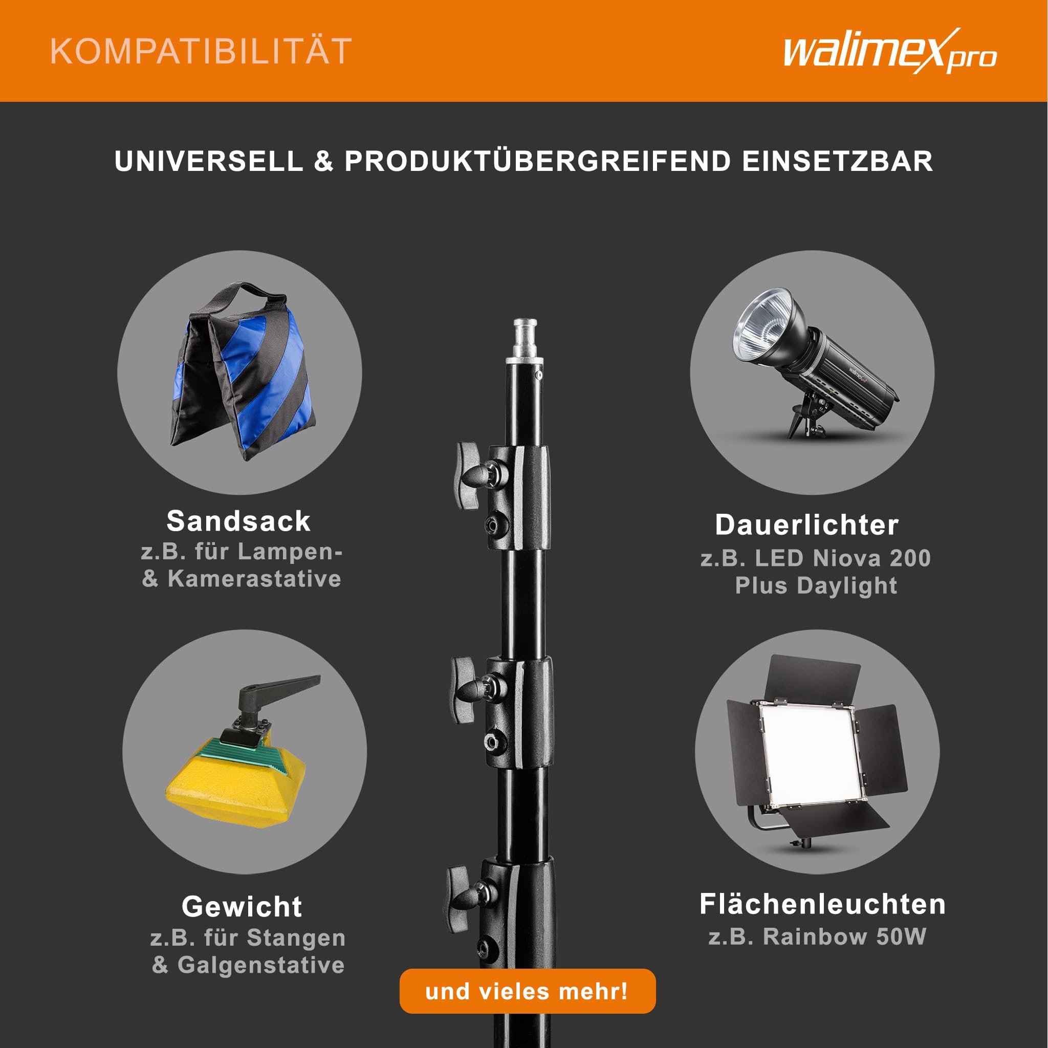 Walimex pro WT-420 Lampenstativ 420 cm, höhenverstellbares Lichtstativ belastbar bis 7,5 kg, Blitzstativ mit 5/8 Zoll Spigot, Studiostativ mit Federdämpfung