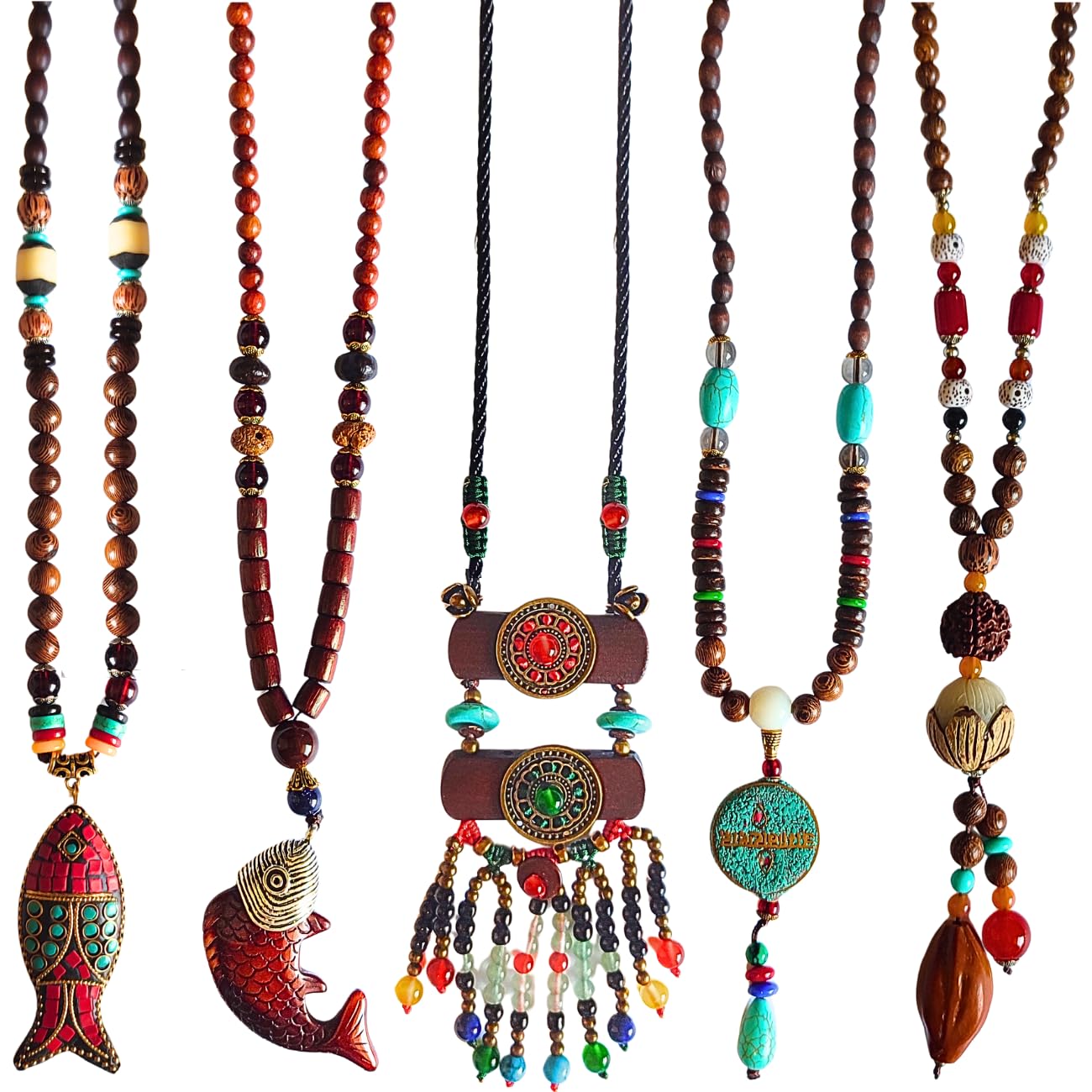 Collares de cuentas bohemias para mujer, colgante largo, cuentas de madera de piedra, hecho a mano, collar de madera para mujer, joyería bohemia, Madera, Cuentas