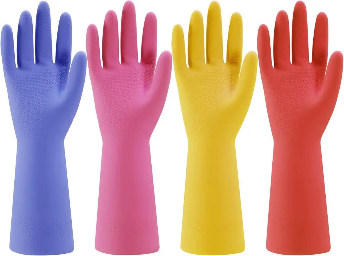 Bamllum Rubber Kitchen Dishwashing Gloves - 4 Pairs Colorful Reusable Household Cleaning Gloves for Washing Dishes and Cleaning Tasks, Flexible Durable and Non-Slip (Small, Blue+Pink+Yellow+Orange)