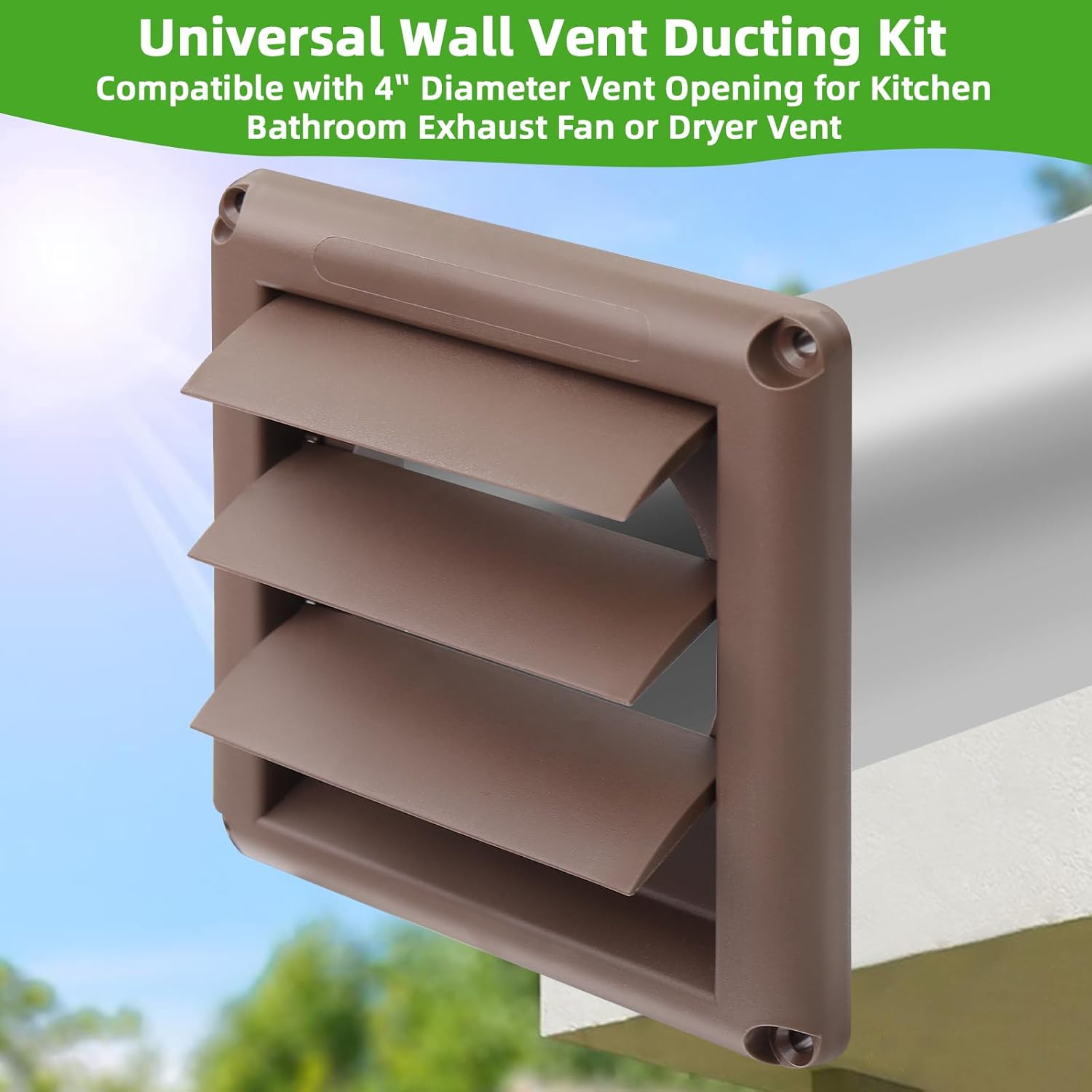 Dryer Vent Kit with Hose/Duct Connector/Wall Plate,4Inch Dryer Wall Vent Hose Connector Wall Duct Kit for Bathroom Ventilation Fan Exhaust,Ceiling Washer Air Circulation,Brown Louvered Dryer Vent Hood