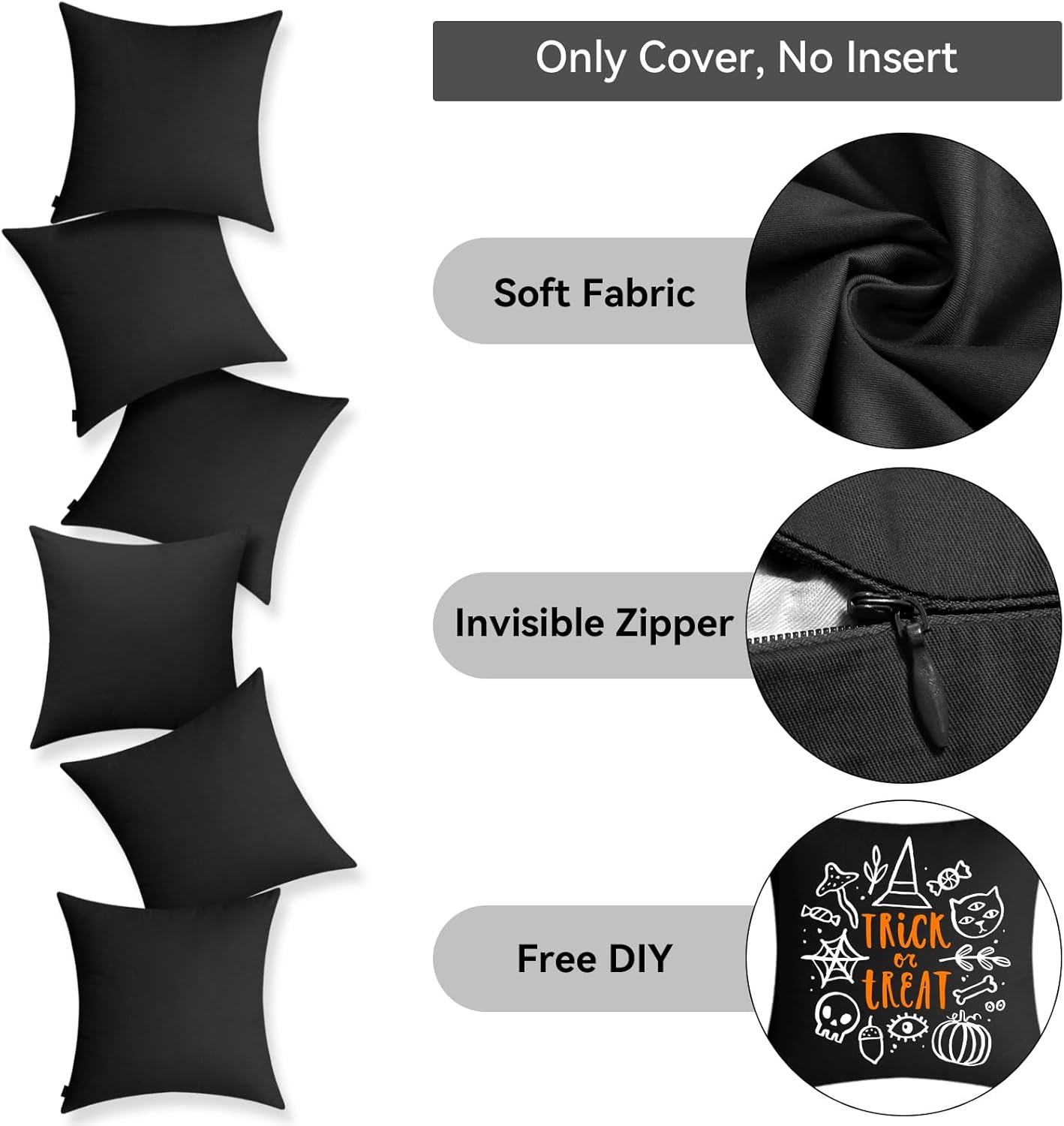 Coddsmz 6 Pack Decorative 100% Cotton Pillow Covers Square Cushion Cover Solid DIY Halloween Christmas Throw Pillowcase for Home Sofa Bedroom,Black,6 Pack-20" x 20"/50x50cm (ONLY Covers, NOT Insert)
