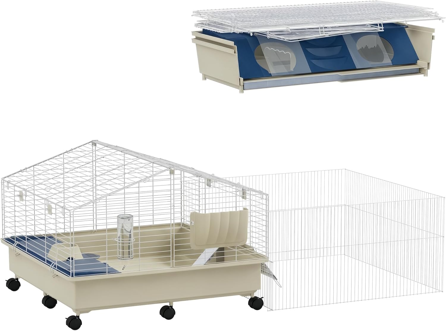 PawHut Kleintierkäfig mit Laufstall, Kaninchenkäfig, Kleintierstall mit Wasserflasche, Heufütterung, Futternapf, Rampe, Nagetierkäfig mit Rädern für Meerschweinchen und Igel, Weiß PawHut Kleintierkäfig mit Laufstall, Kaninchenkäfig, Kleintierstall mit Wasserflasche, Heufütterung, Futternapf, Rampe, Nagetierkäfig mit Rädern für Meerschweinchen und Igel, Weiß
