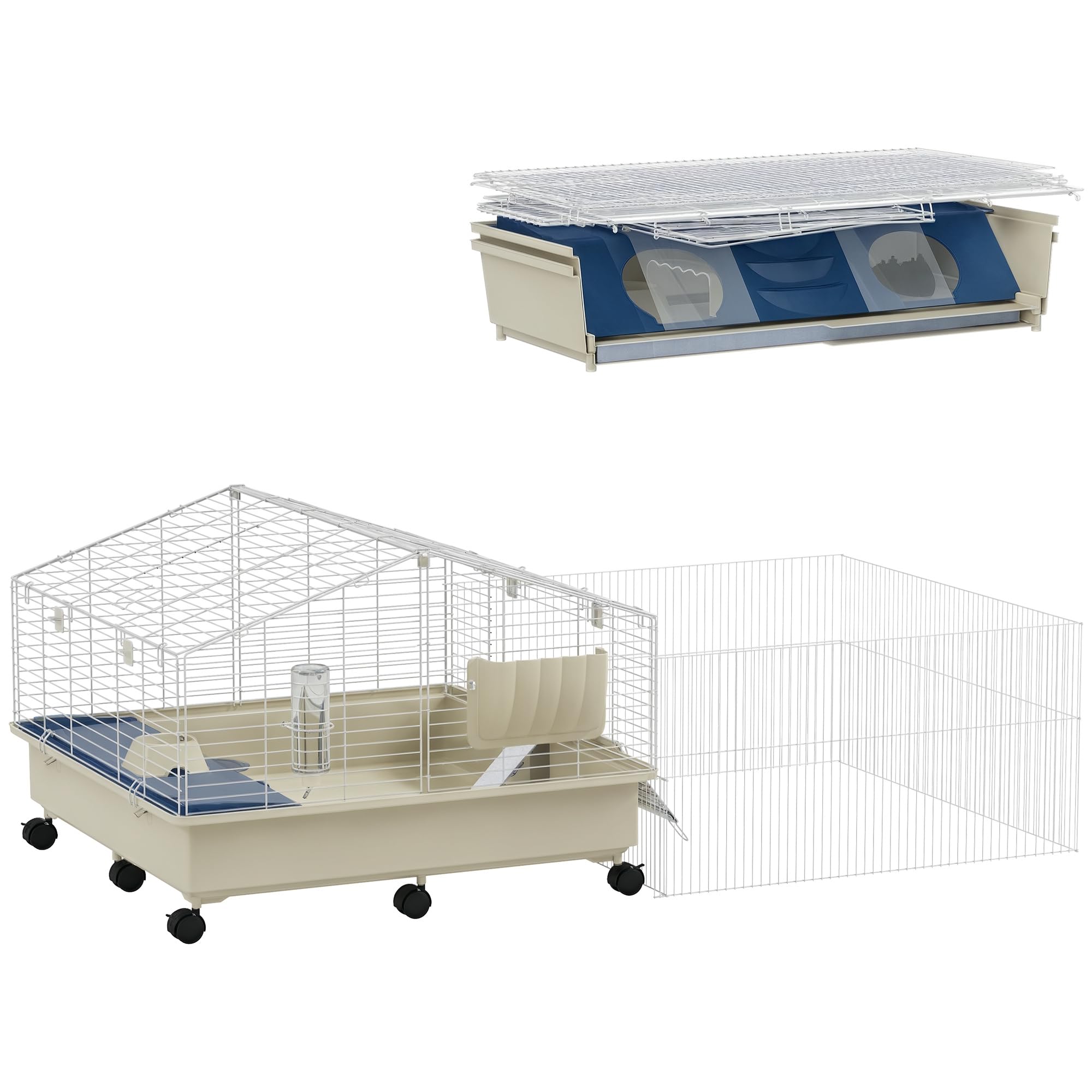 PawHut jaula para animales pequeños con corralito, jaula para conejos, conejera para animales pequeños con bebedero, comedero de heno, comedero, rampa Jaula para roedores con ruedas para cobayas y