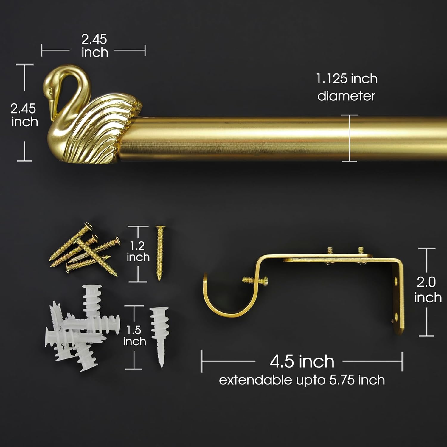1-1/8 Inch Diameter Brushed Gold Curtain Rods with Swan Finial, 72-144'' Telescoping Single Curtain Rods for window width 68-140 inch, 1 pack