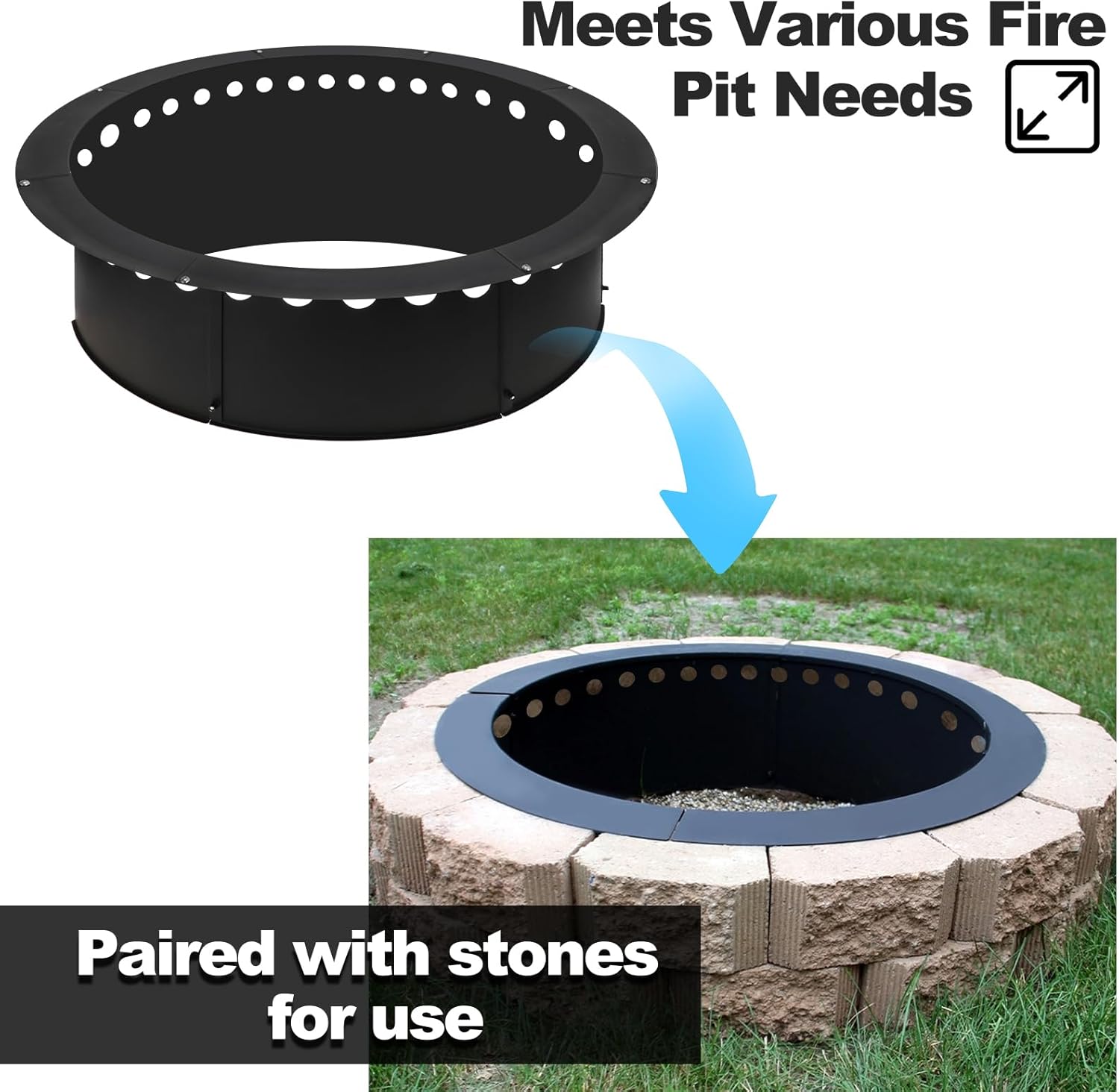 Outdoor Smokeless Fire Pit Ring 40 Inch Outer/36 Inch Inner Diameter, Heavy Duty Metal Round Liner Insert for Outside DIY Campfire or Bonfire Ring, Above or In Ground Use