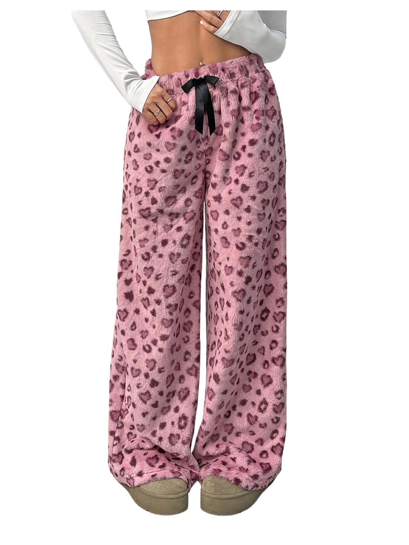 SweatyRocks Womens Fuzzy Baggy Pants Y2k Bowknot Heart Print Fleece Pants Trousers Streetwear