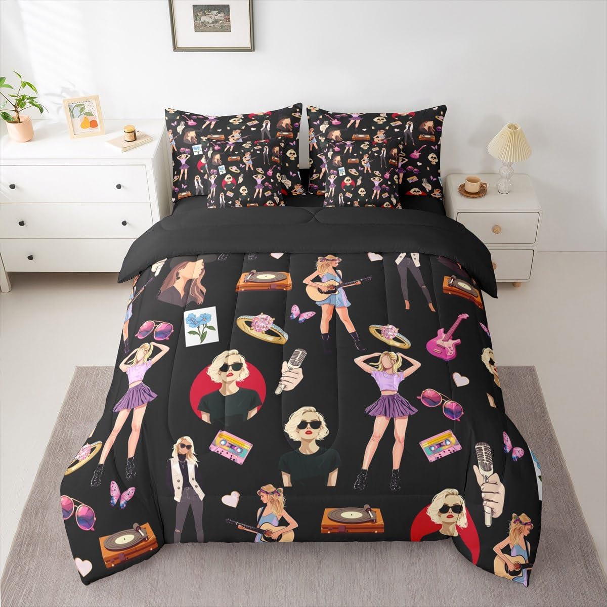 jejeloiu Girls Singer Comforter Set 7 Pieces Pink Music Bedding Set Full Size Glitter Fashion Women Bed in a Bag Room Decor Lightweight Bed Set with Comforter, Sheets, Pillowcases & Cushion Cover