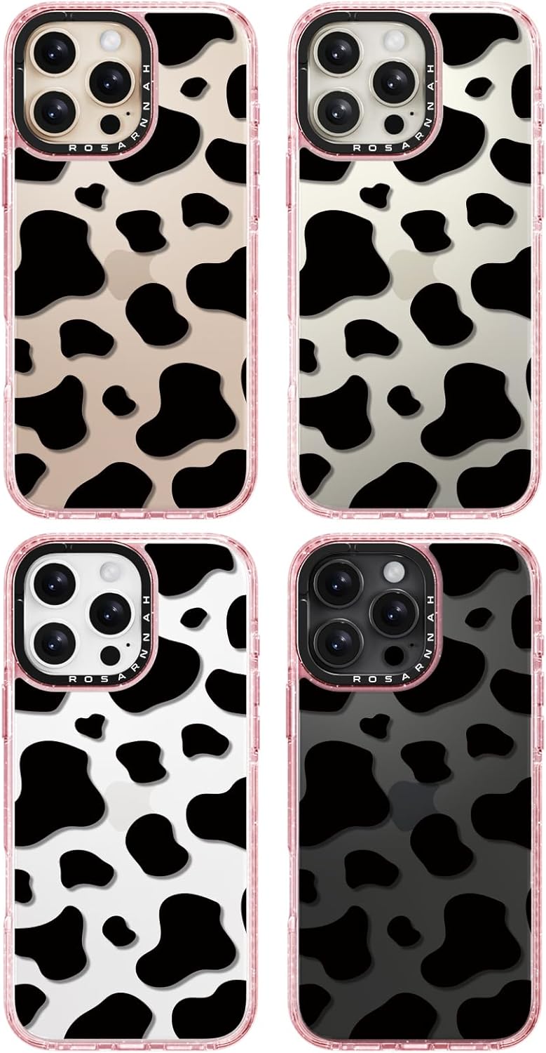 Rosarnnah for iPhone 16 Pro Case Cute - Durable Shockproof 6.6 ft Drop Impact Phone Case - Funny Milk Cow Print Design (6.3") Glitter Pink
