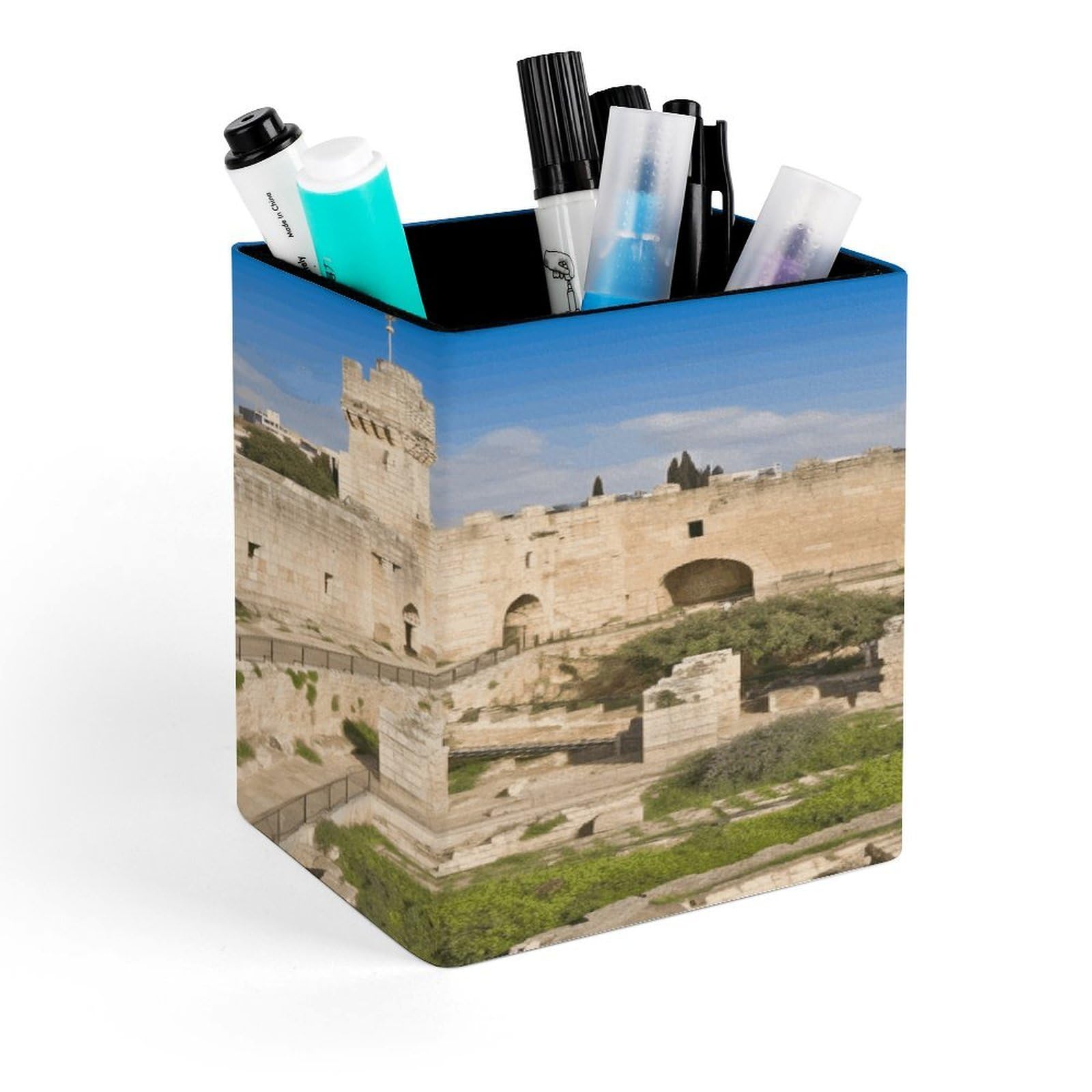 VstaDank Israel at The Tower of David Pen Holder Square Pencil Holder Leather Pencil Cup Pen Organizer Makeup Brush Holders Pen Cups Desktop Stationery Organizer for Home Office Desk Organizers