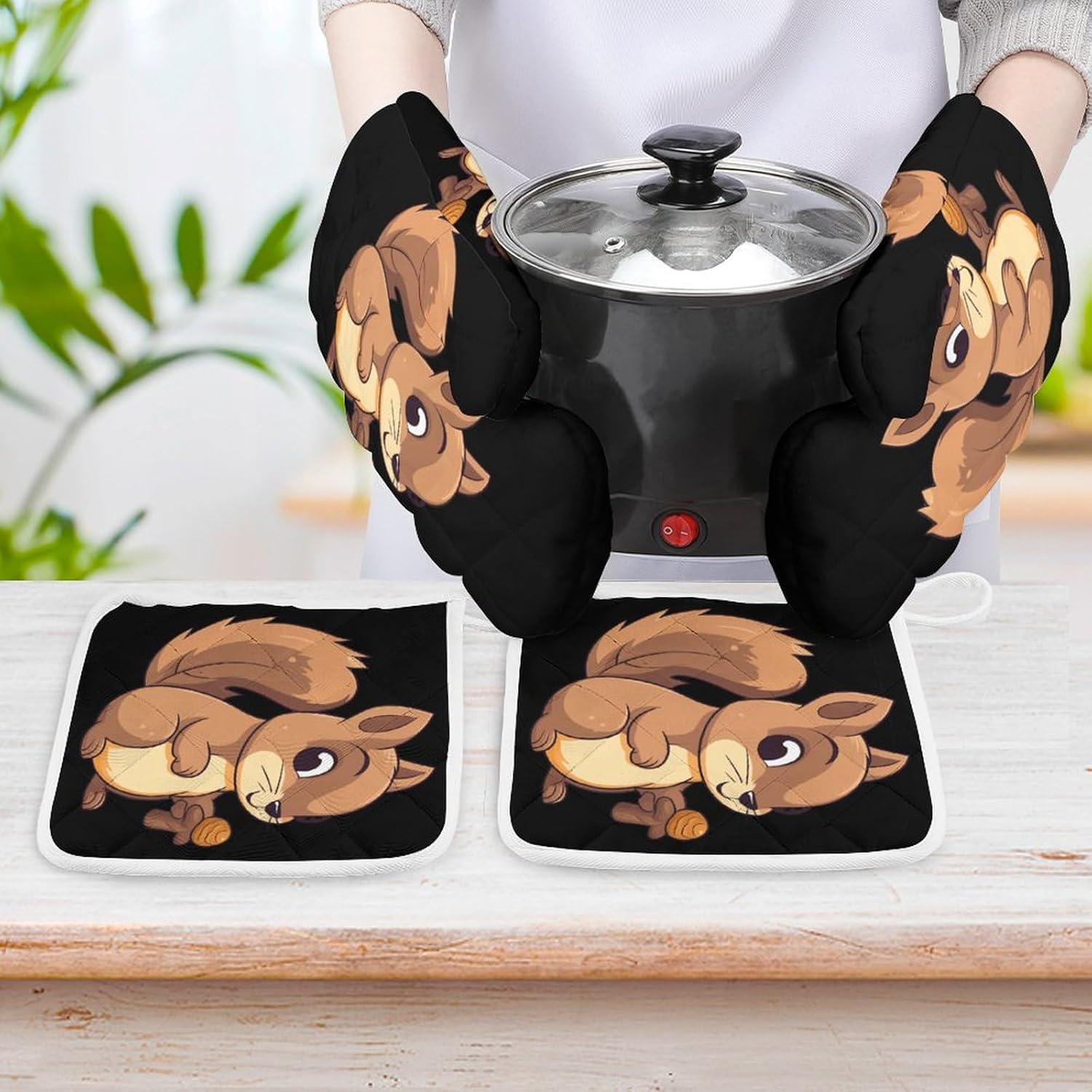 Cartoon Squirrel 4 Pcs Oven Mitts and Pot Holders Set High Heat Resistant Long Kitchen Oven Glove Potholders