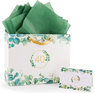 Yiran Eucalyptus Leaves Gift Bags, 40th Birthday Bag with Gift Paper and Cards, 40th Womens Mens Anniversary Birthday Gifts Wrapping Party Decoration