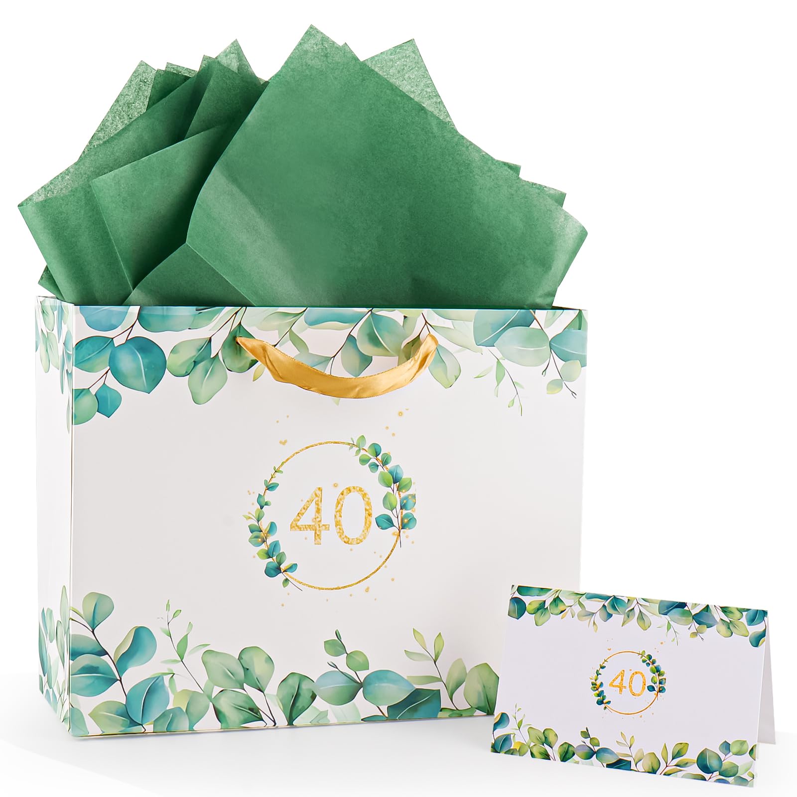 FUNCANDLE Eucalyptus Leaves 40th Birthday Gift Bag, 13" with Card and Tissue Papers Large Floral Paper Gift Tote with Gold Handle for 40th Birthday, Wedding Anniversary Party Favor Packaging
