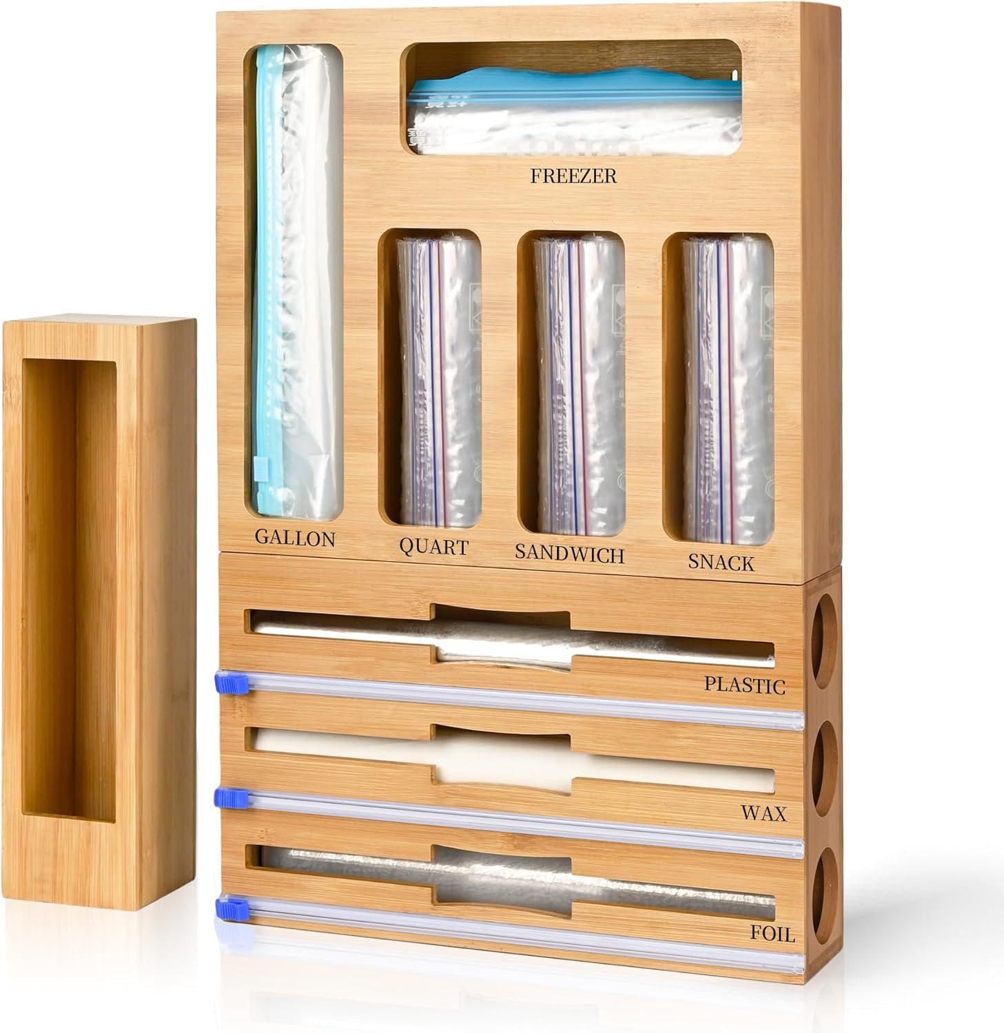 Bamboo Foil and Plastic Wrap Organizer with Cutter, Ziplock Bag Organizer with Cutter for Kitchen Drawer Storage, Dispenser Compatible with Gallon, Quart, Sandwich and Snack Variety Size Bags