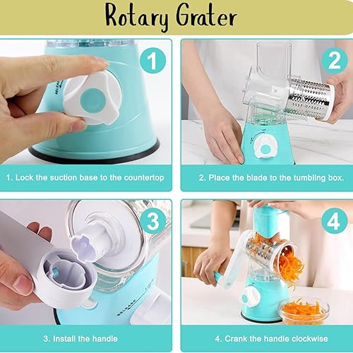 Miniatura 6 de Rallador rotativo de queso, rallador de cocina con 3 cuchillas de tambor, cortador manual de verduras y trituradora para verduras y nueces - Base de