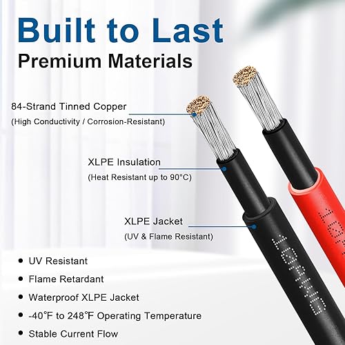 Miniatura 2 de Cable de extensión solar 10AWG de 20 pies  Paquete de 2 cables fotovoltaicos rojos y negros con conectores solares, cobre estañado de 84 hebras,