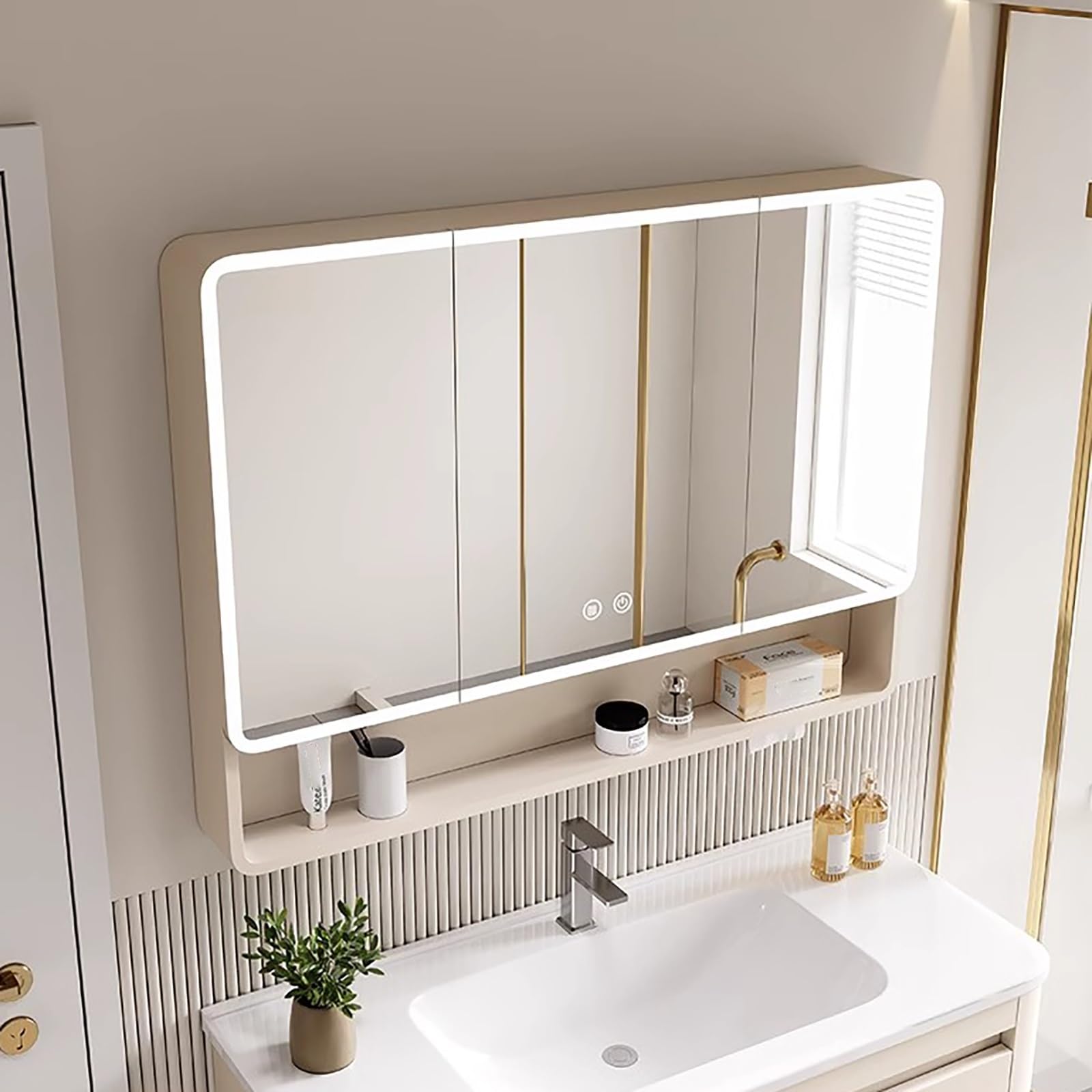 Mobiletto Bagno Specchio, Armadietto Bagno In Alluminio Con Antiappannamento, Mobiletto Da Parete In Legno Massello Con Luce A LED, Mobili Da Contenitore Oscuramento(White,80CM/31.4IN)