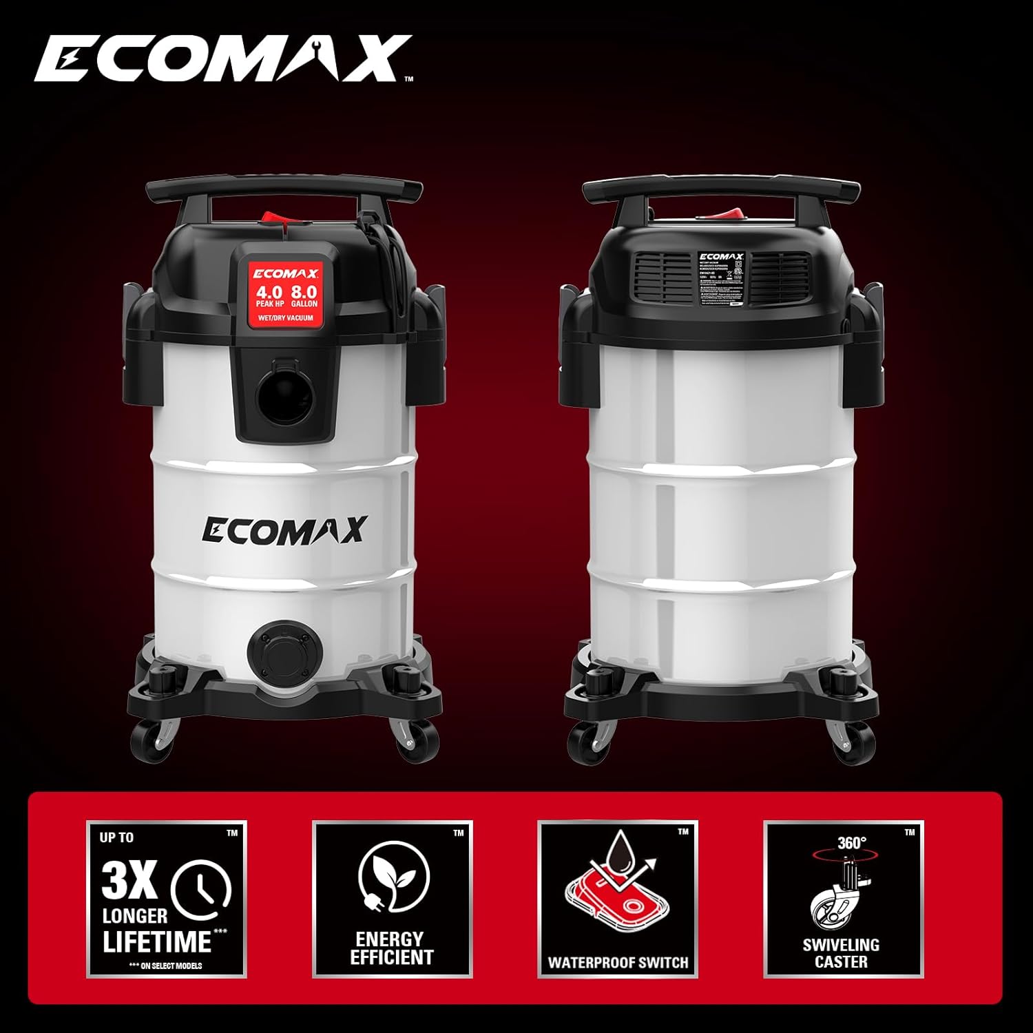 ECOMAX 8 Gallon Ultra-Quiet Shop Vacuum Wet and Dry, Stainless Steel Shop Vac with 80% Noise Reduction, 3X Longer Motor Life, 4 Peak HP Suction, Complete Accessory Kit for Garage, Workshop & Home