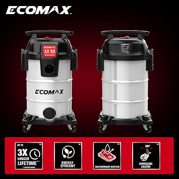 ECOMAX 8 Gallon Ultra Quiet Stainless Steel Shop Vacuum Wet and Dry | 4 Peak HP, 80% Quieter Operation, Durable Long Life Motor, Portable Vacuum for Garage, Workshop, Jobsite, Complete Accessory