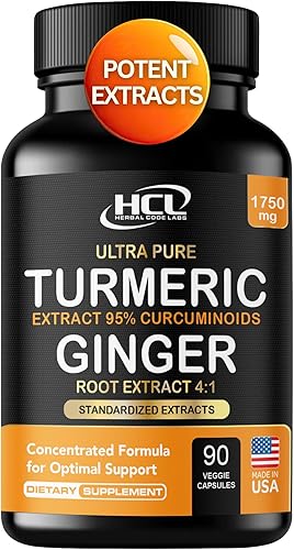 Curcumina de cúrcuma con jengibre, fórmula de alta potencia de 1750 mg con 95% de curcuminoides estandarizados y extracto de jengibre, pimienta
