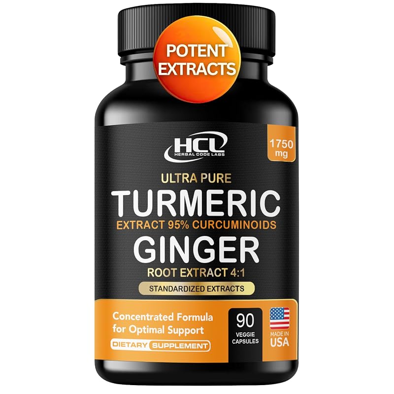 HCL HERBAL CODE LABS Suplemento Fitoterápico de Cúrcuma com Gengibre e Curcuminoides 1750 mg, 95% Padronizados, 90 cápsulas veganas