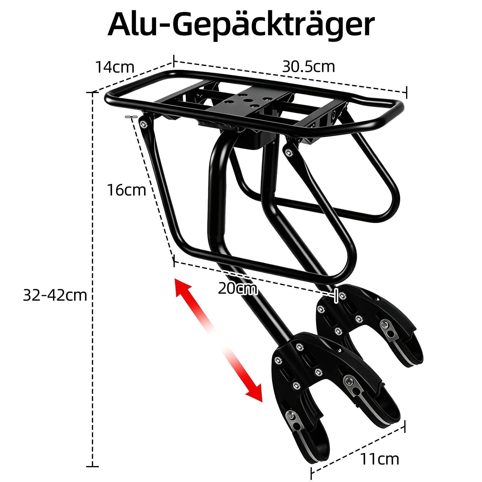 Mountainbike Gepäckträger 50kg Belastbar, Fahrrad Gepäckträger Hinten 32-42cm für 20-29 Zoll Fahrräder, Aluminium Verstellbarer Gepäckträger mit Schutzpolstern für MTB E-Bike