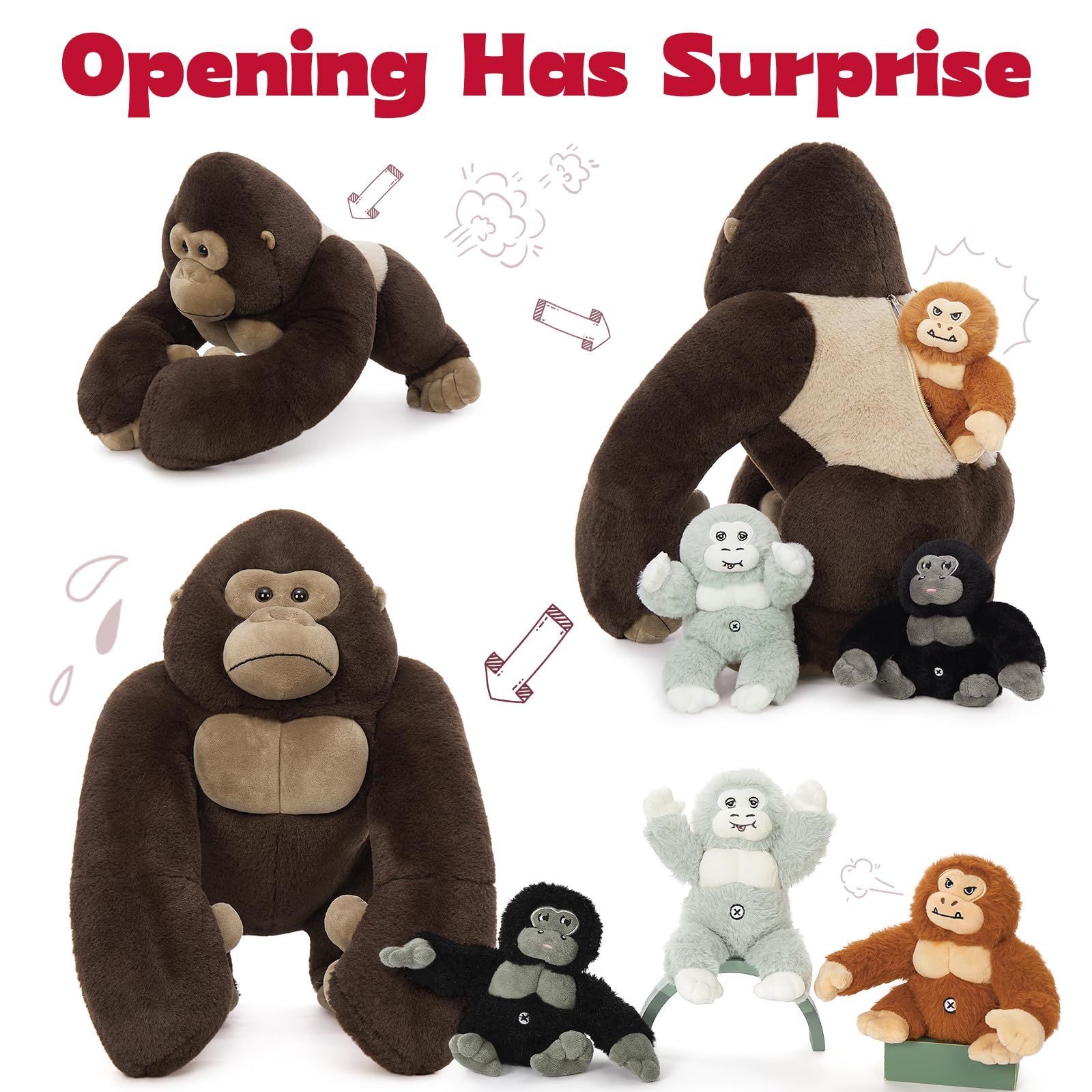 MorisMos Big Gorilla Soft Toy with Babies inside, Lifelike Large Giant Gorilla Monkey Teddy Stuffed Animal Plush Cuddly, Kawaii Presents for Kids Girls Boys Birthday Party Decorations (50 cm) — view 5