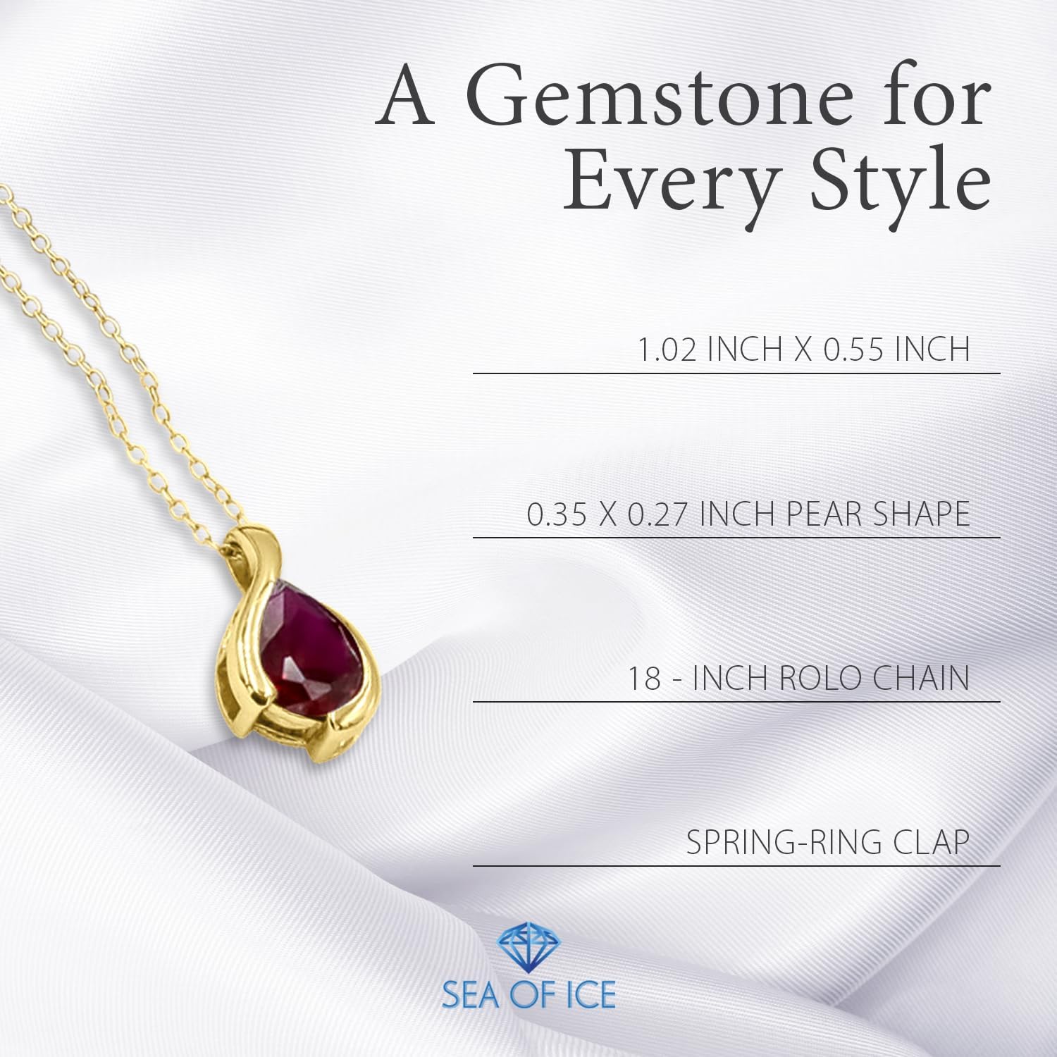 SEA OF ICE Pear Shape Teardrop Natural Gemstones Pendant Necklace -Red Garnet 9x7mm Pear Shape with Sterling Silver necklace 18 Inch - Necklaces for Everyday Wear