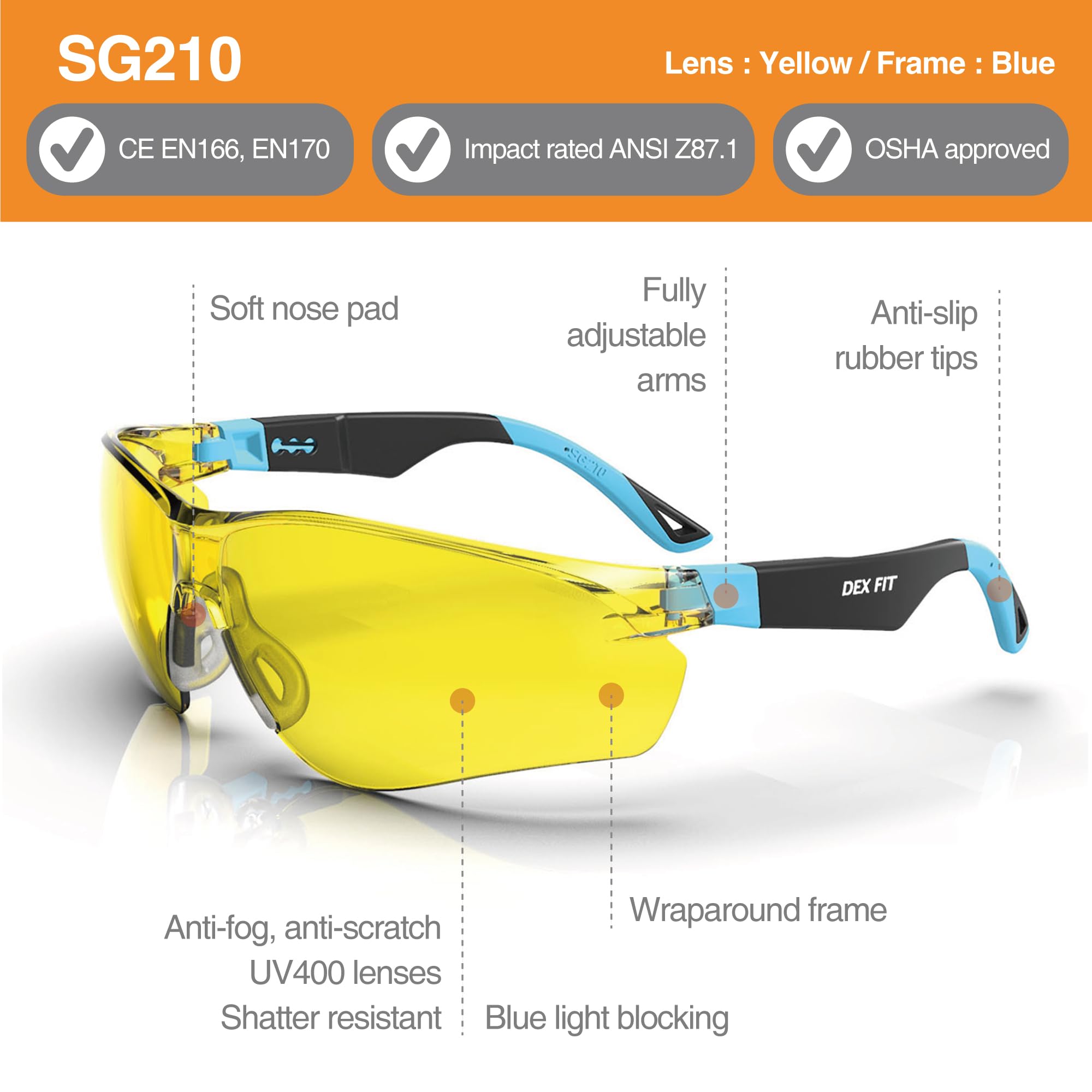 DEX FIT Safety Glasses SG210, Yellow Lens, Blue Light Blocking & Night Vision Enhancement, Anti-Fog Z87.1 Eye Protection - Image 2