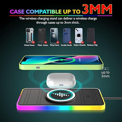 Miniatura 6 de LANSEMKU RGB 15W - Almohadilla de carga inalámbrica magnética para coche, para iPhone 16, 15, 14, 13, 12, 11 Pro Max, para Samsung Galaxy