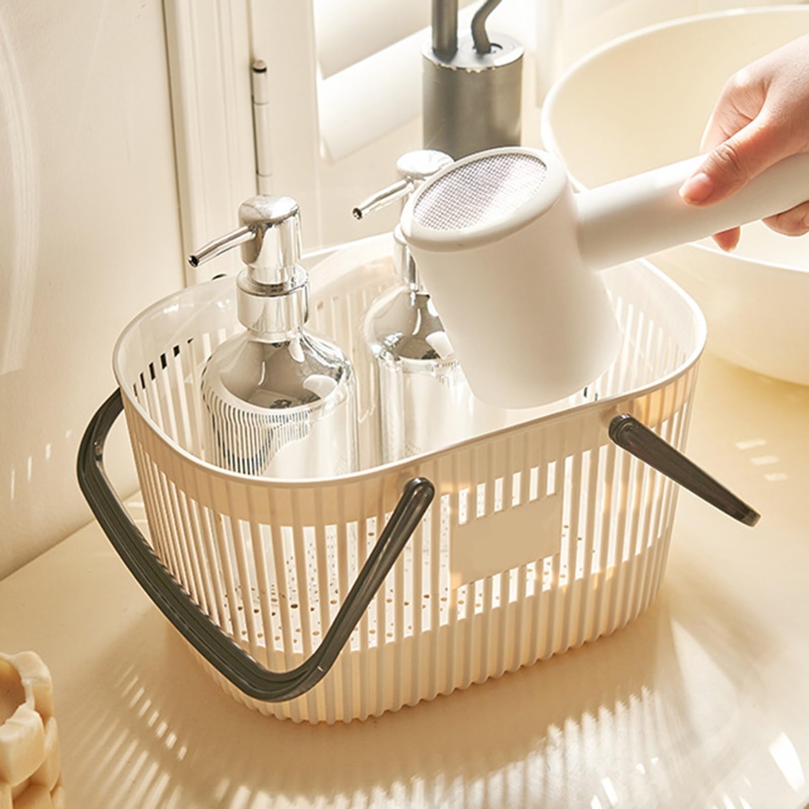 Cesta De Ducha Cesta de Almacenamiento de Gran Capacidad, Organizador de plástico Grueso con Asas, Organizador de Drenaje, contenedor for artículos de tocador para Baño(White)