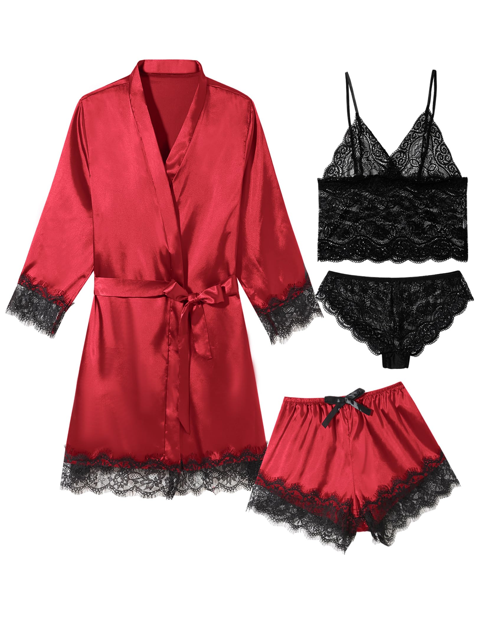 Sexy Pajama Set for Women Silk Lingeries 4 Piece Pjs Robes Set Satin Cami Shorts Sleepwear Lace Floral Loungewear