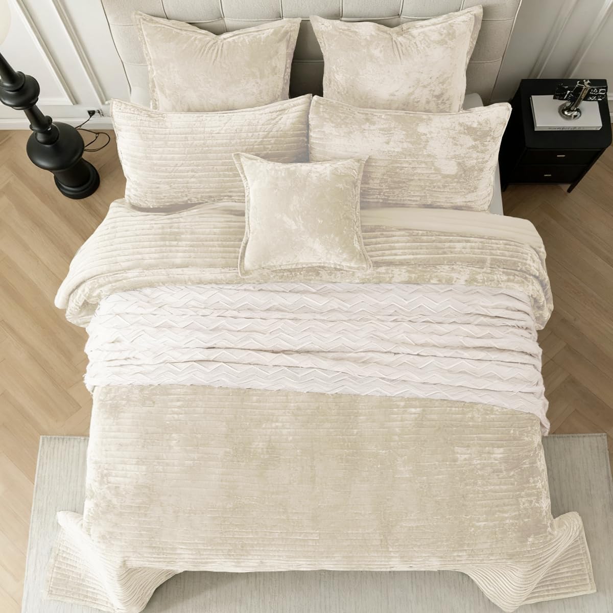 Velvet Oversized King Size Quilt Set 3 Pieces Striped Bedspread All-Season Bedding Set Soft Comfort Coverlet 120x120 with 2 Pillowcases 20x36,Beige - Image 4