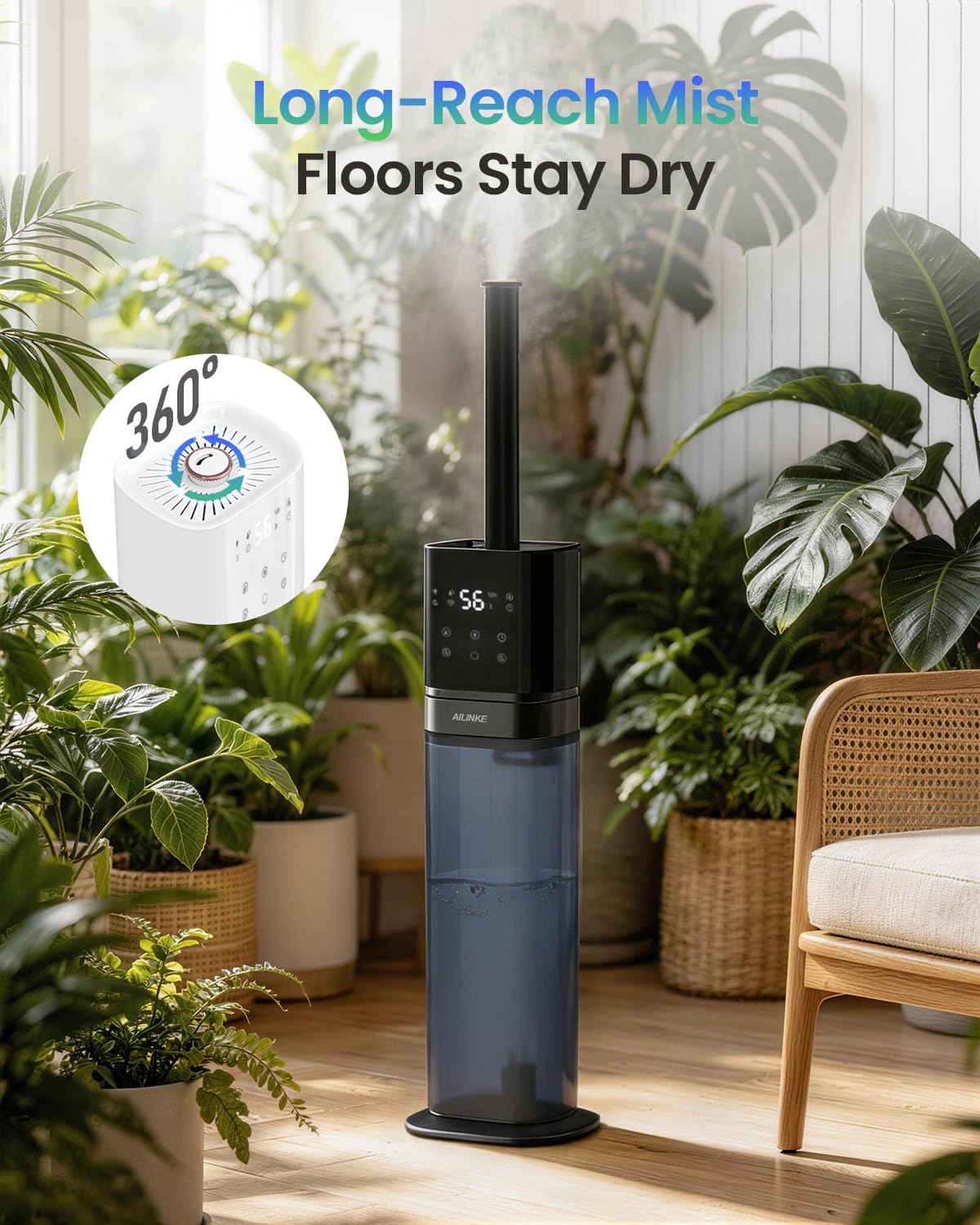 Humidificador Inteligente para Habitación Grande, 2.1 Gal/8 L, con Tubo Extendido y Luz Nocturna, Humidificador de Niebla Fría para Toda la Casa de 1000 Pies²