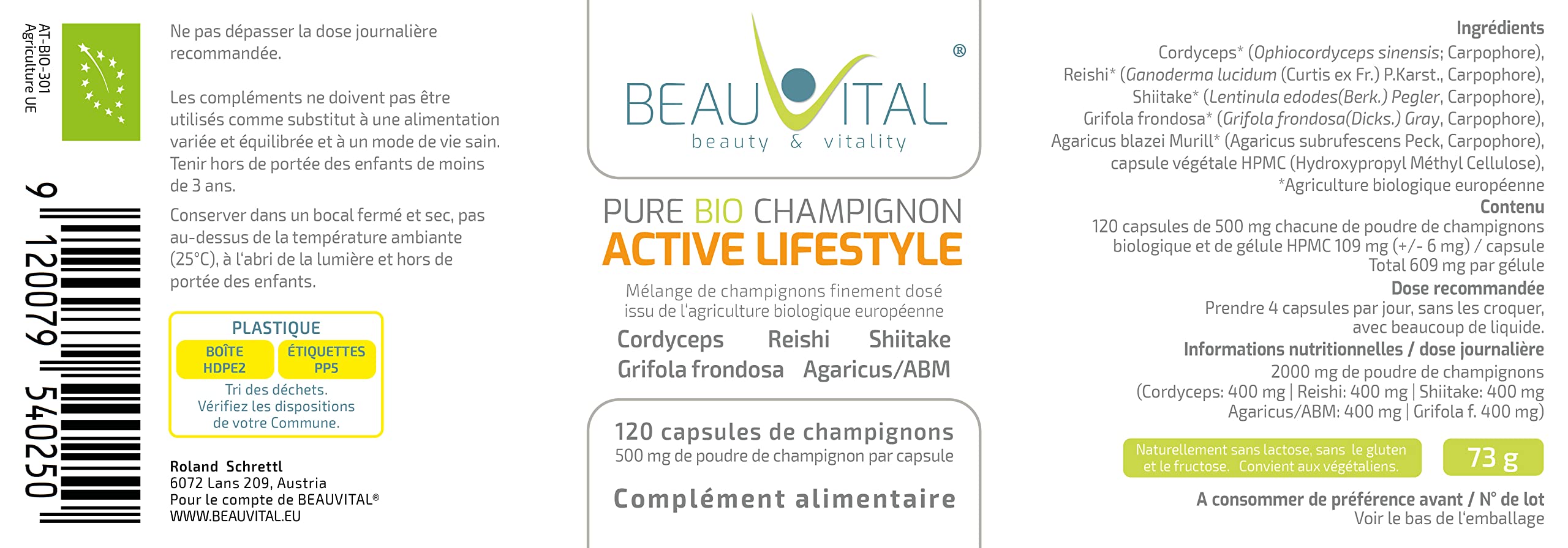 Pure Bio Active Lifestyle 120 gélules, chacune 500 mg de Cordyceps, Reishi, Shiitake, Grifola, Agaricus de l'agriculture biologique de l'UE, végétalien