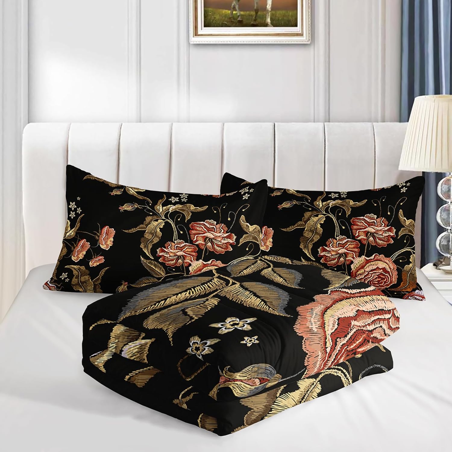 Axolotl Retro Rose Comforter Set Vintage Flower Bedding Set Elegant Floral Room Decor Shabby Chic Quilt Set for Women Adults Boho Flowers Duvet Set 3Pcs Farmhouse Paisley Bed Set with 2 Pillow Cases