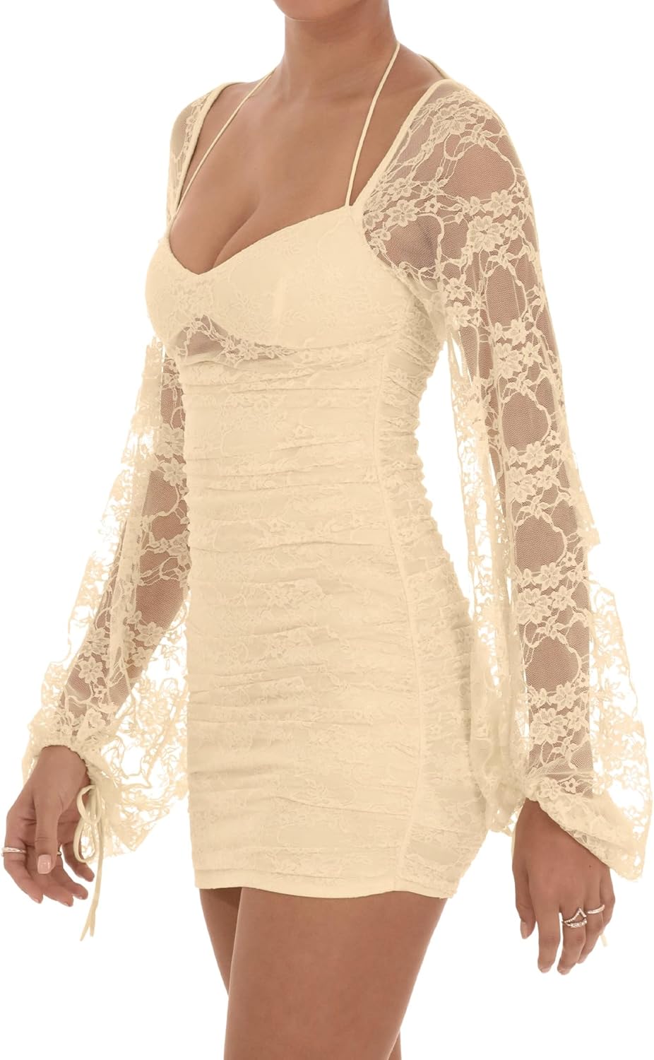 Zebaexf Women's Lace Mini Dress Mesh Dress Long Puff Sleeve Mini Bodycon Party Clubwear for Women - Image 3