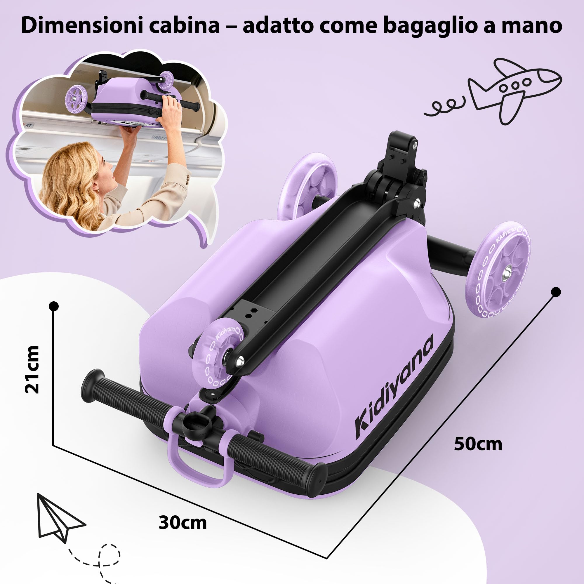 Monopattino per Bambini con Valigia, Valigia a Mano con Monopattino, Ruote LED, Manubri Regolabile in Altezza, Finestra di Visualizzazione A5, Estensione di Archiviazione da 7 cm / Regalo per Bambini