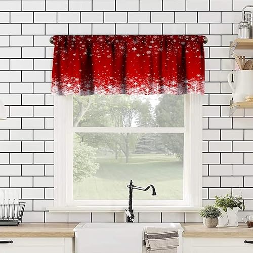 Miniatura 2 de Cortina de ventana de copos de nieve rojos de Navidad, cenefas de tratamiento de ventana de Feliz Navidad para cocina, sala de estar, decoración de