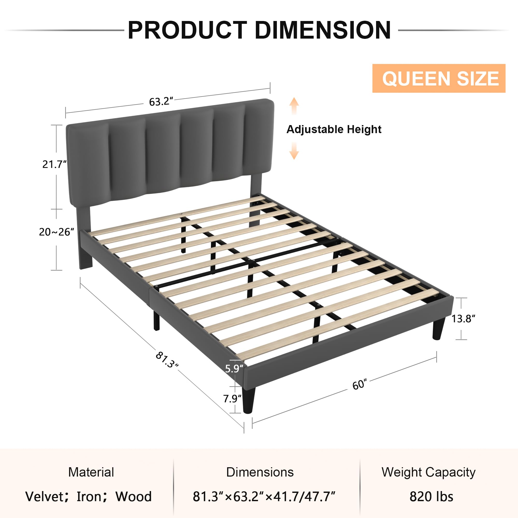Snapklik.com : VECELO Queen Bed Frame