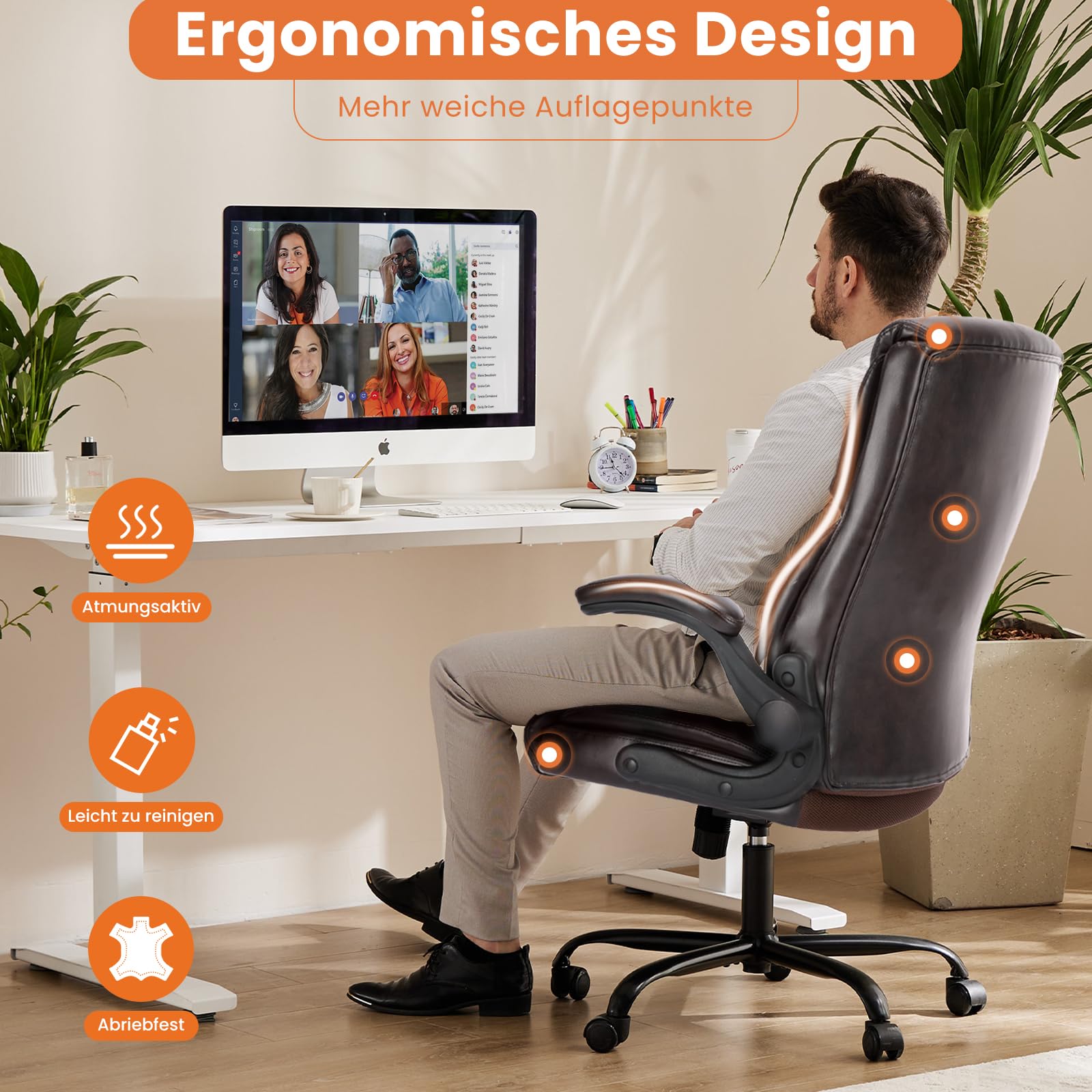 Sweetcrispy Chefsessel PU Leder Bürostuhl Ergonomisch, Schreibtischstuhl mit Armlehnen, Ergonomischer Computerstuhl mit Hoher Rückenlehne, Gaming PC Drehstuhl für Arbeit Ruhe, Dunkel Braun