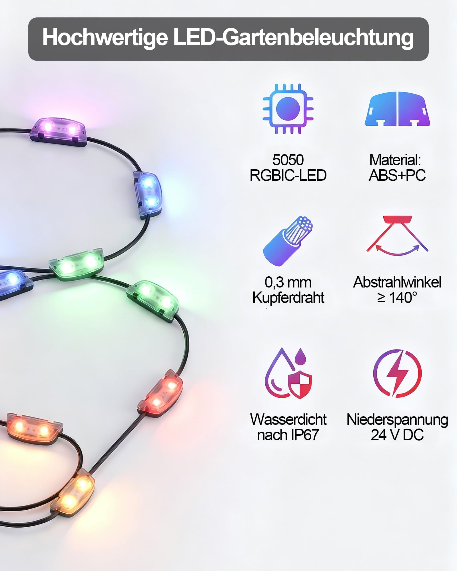 Smart LED Lichterkette Aussen für Zaun, RGBW IC Bluetooth App, IP67 Wasserdicht Outdoor Garten Deko,50ft-8 Leuchten