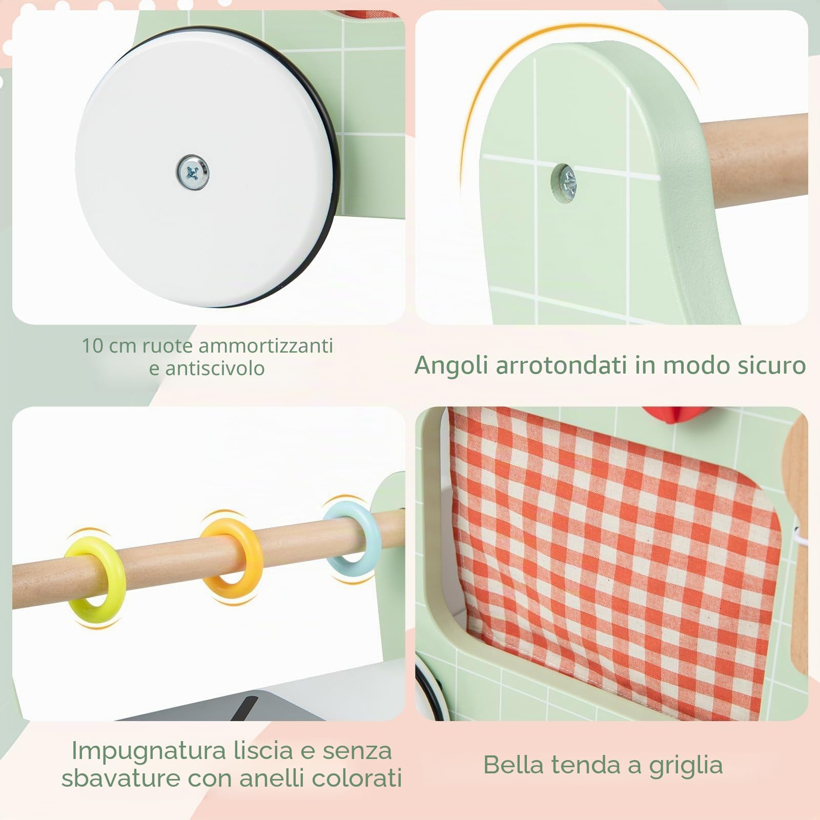 FANTASK Passeggino 6 in 1 in legno, con cucine da gioco, orologio educativo, regolazione della forma e cursore mobile, cucina per bambini Baby Walker con ruote per bambini a partire da 1 anno (verde)