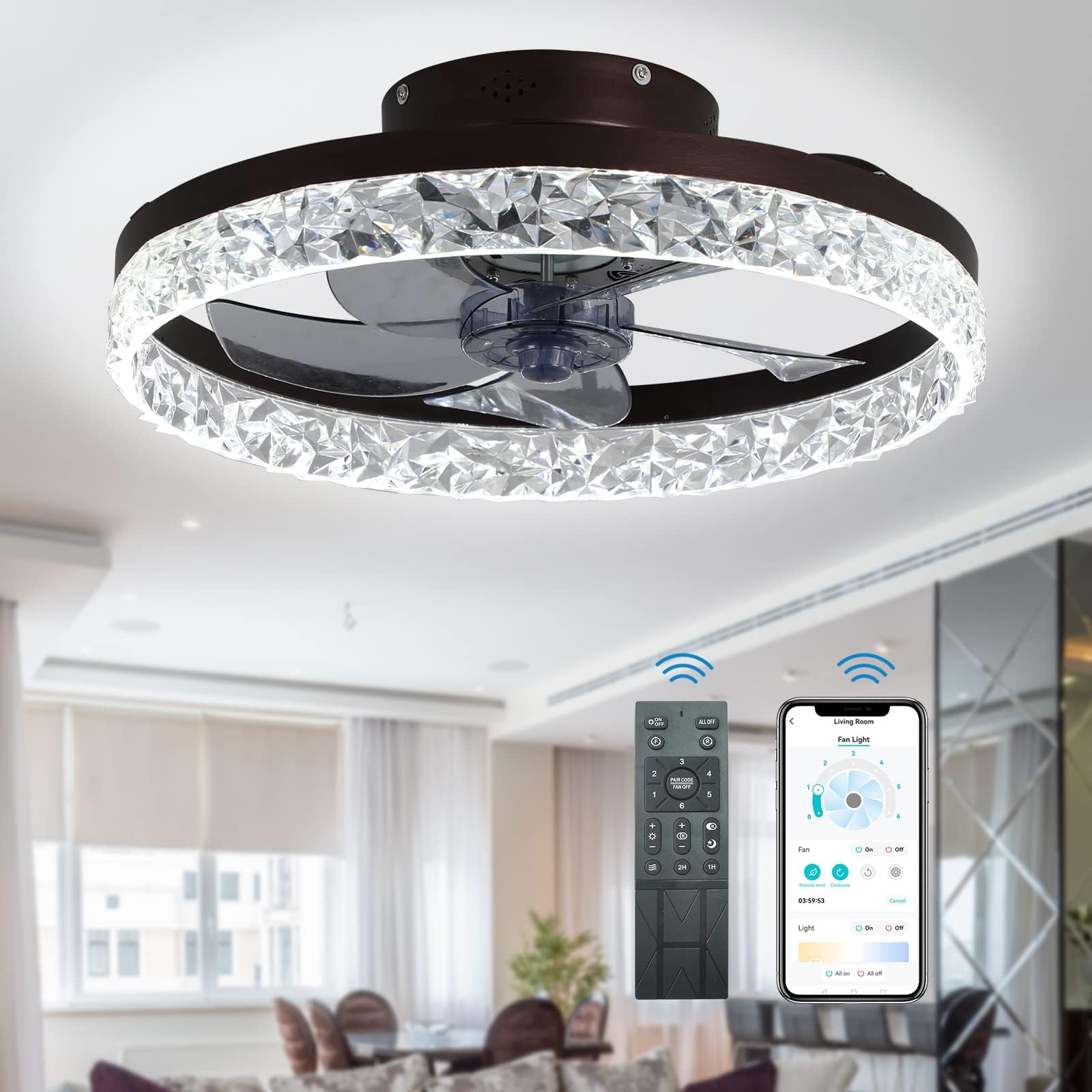 TANWO 2024 Modern 20" Ceiling Fan with Lights and Remote - Smart Stepless Dimming and Adjustable Color Temperature Low Profile Ceiling Fan with 6 Speeds for Bedroom and Living Room