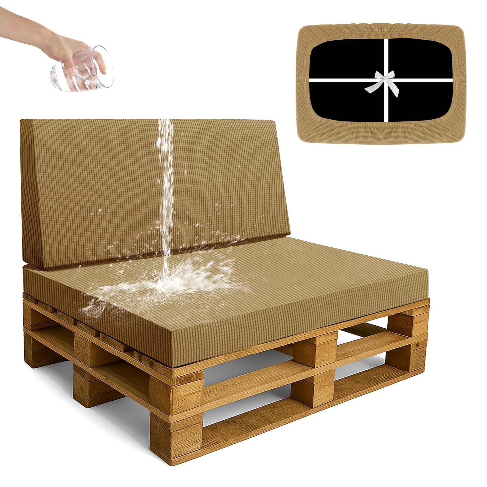 SYLC Waterproof Pallet Cushions Covers, Stretch Cover for Pallet Furniture Cushions with 4 Ties, Outdoor Corner Sofa Covers for Rattan Patio Garden Caravan (Mustard,2 PCS(1 Seat+1 Back))